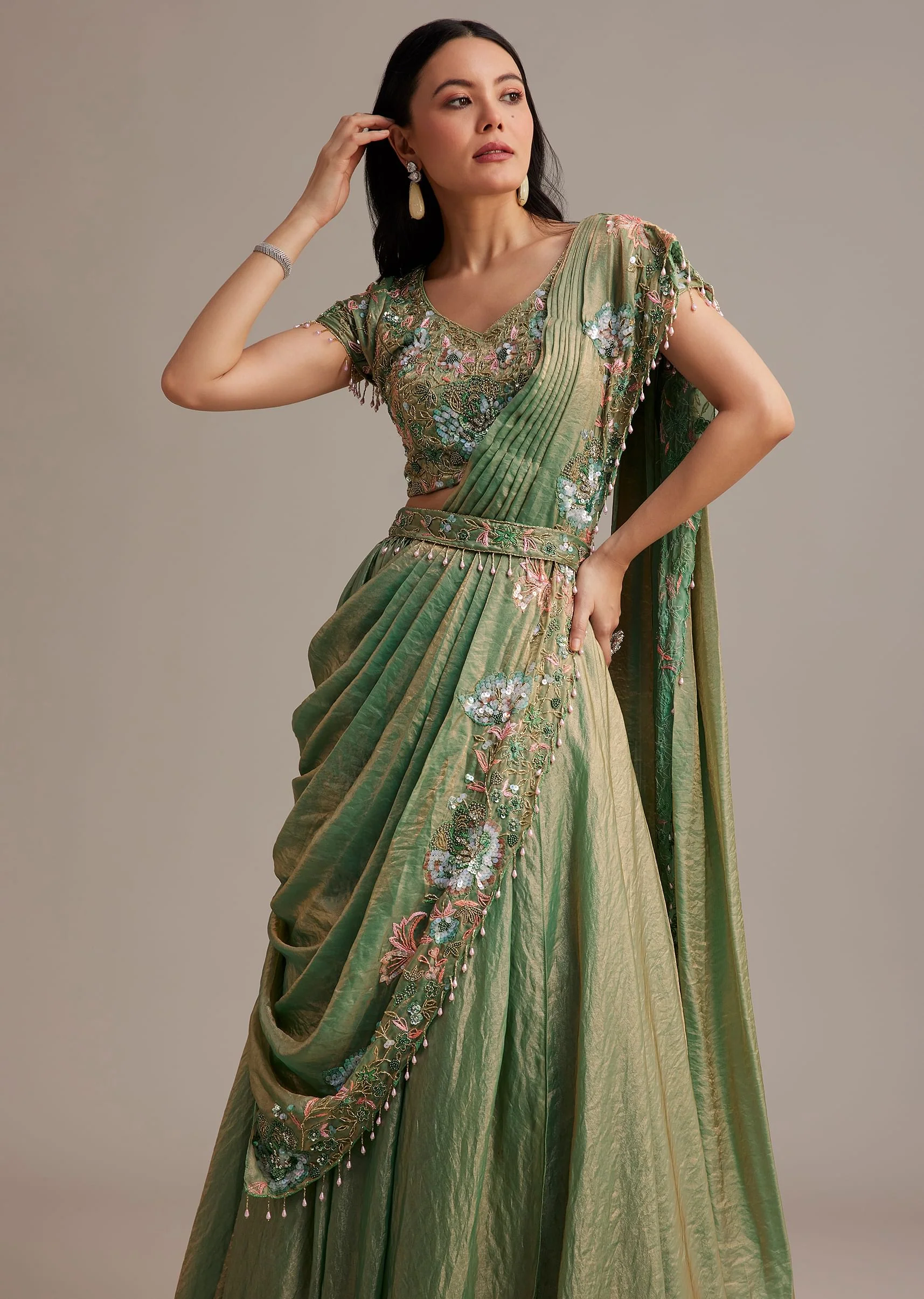Green Organza Tissue Lehenga Set With Sequins And Bead Work - Image 4