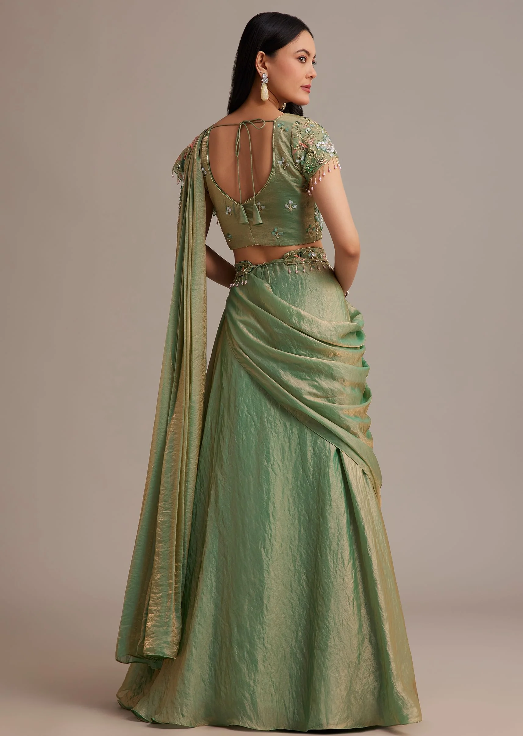 Green Organza Tissue Lehenga Set With Sequins And Bead Work - Image 5