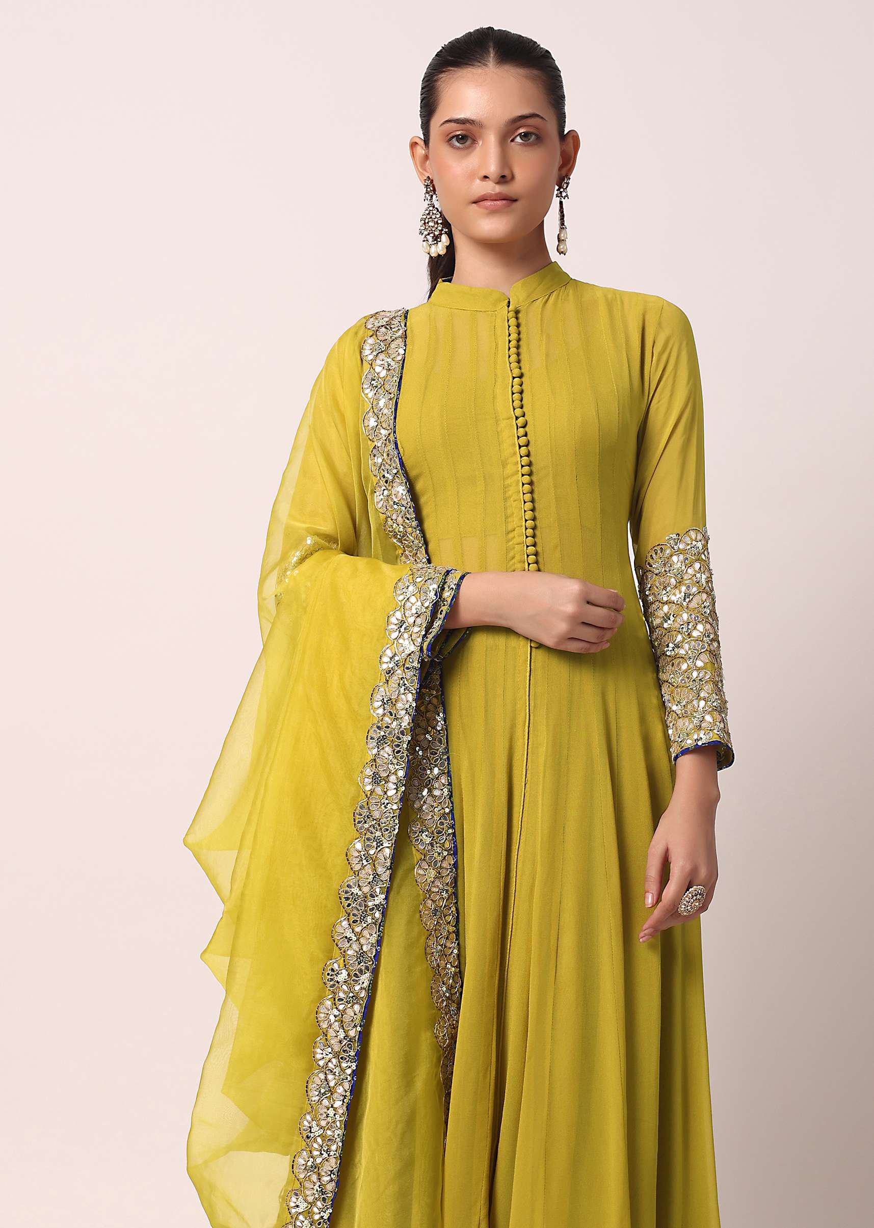 Green Palazzo Set With Embroidered Anarkali - Image 3