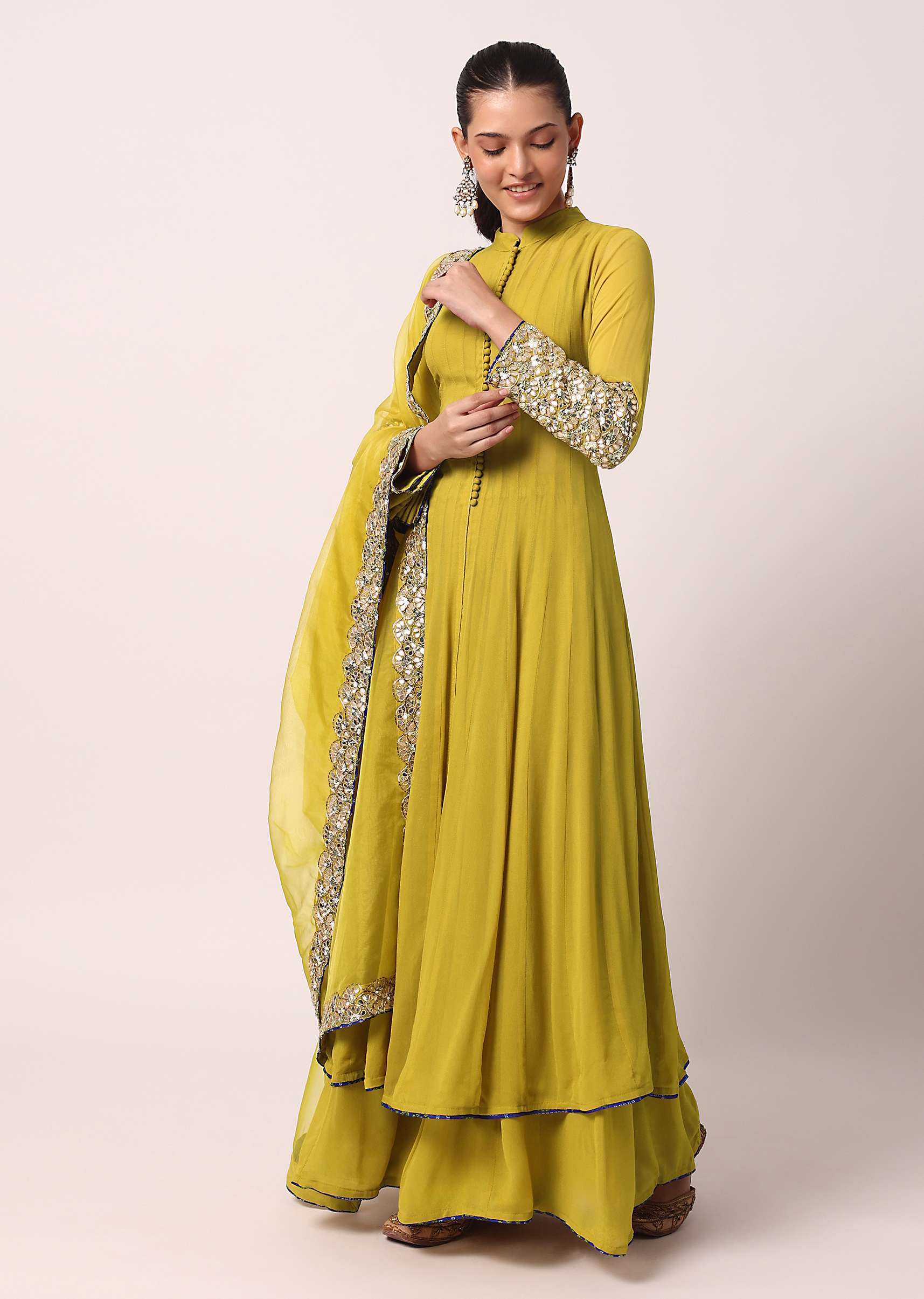 Green Palazzo Set With Embroidered Anarkali - Image 5