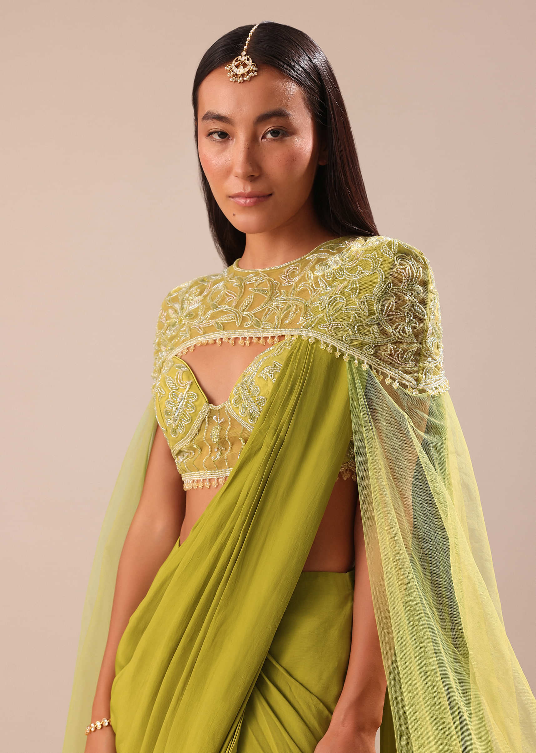 Green Pre Stitched Saree With Blouse And Zardozi Draped Cape - Image 2