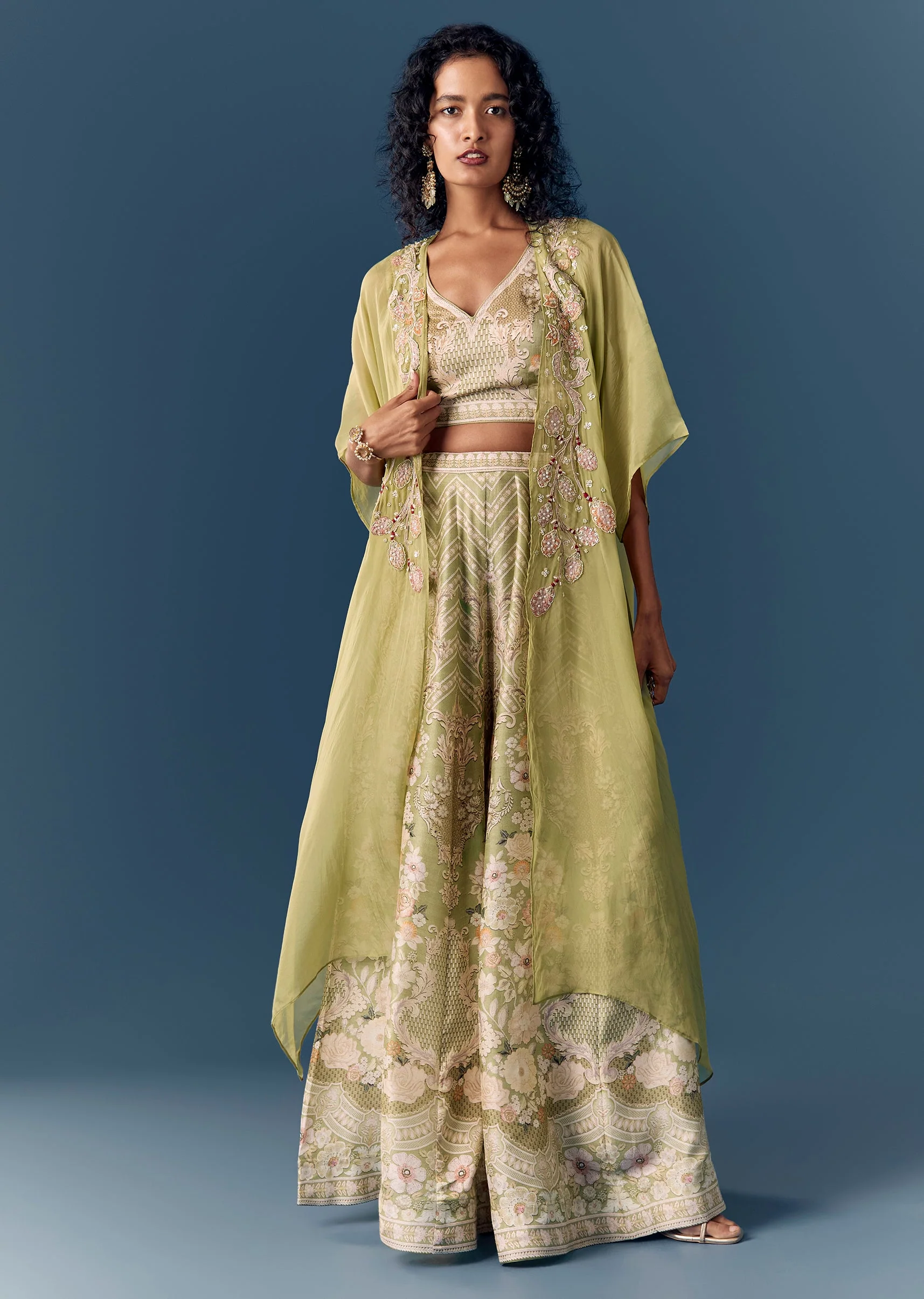Green Printed Jacket Palazzo Set