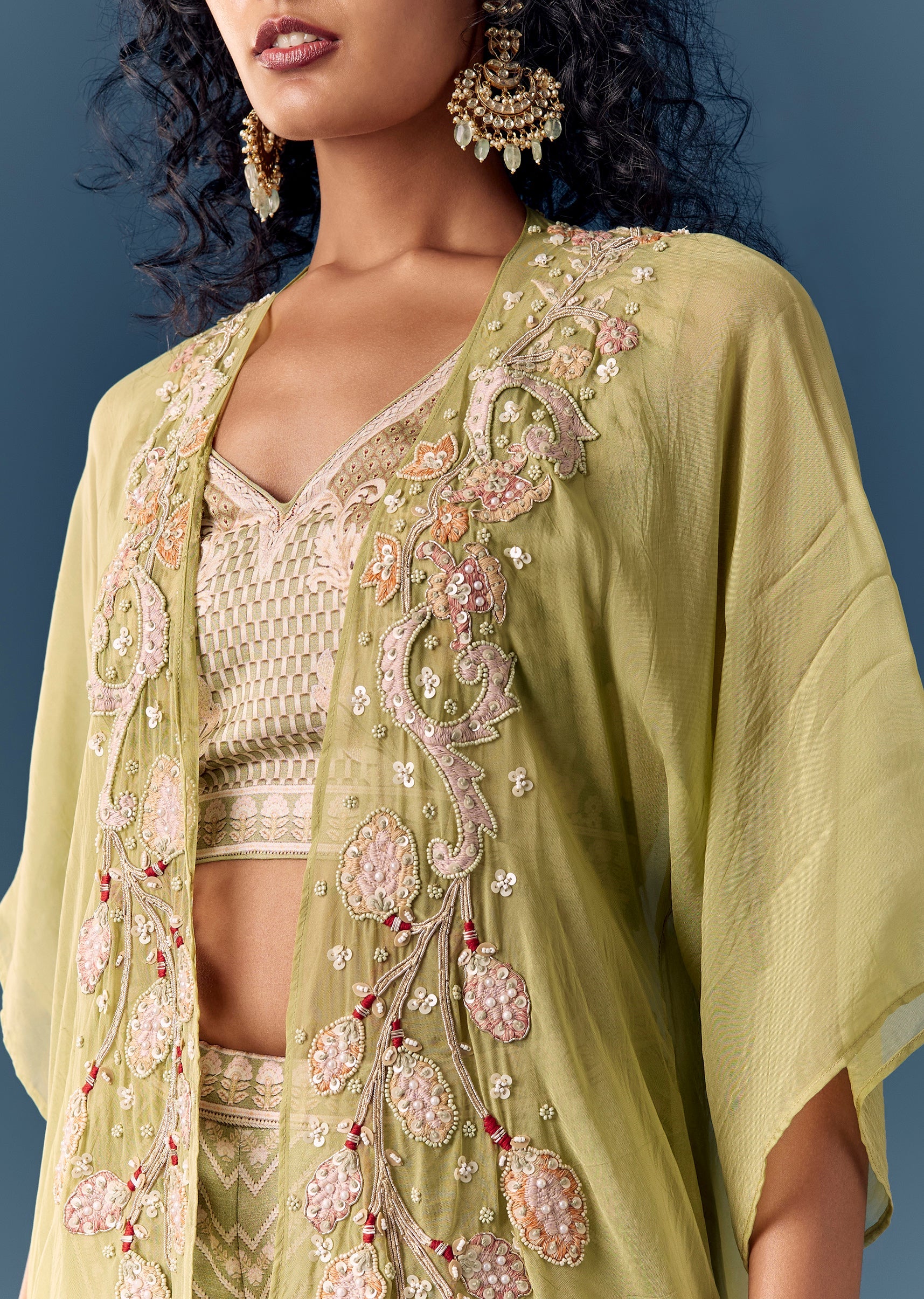 Green Printed Jacket Palazzo Set - Image 2