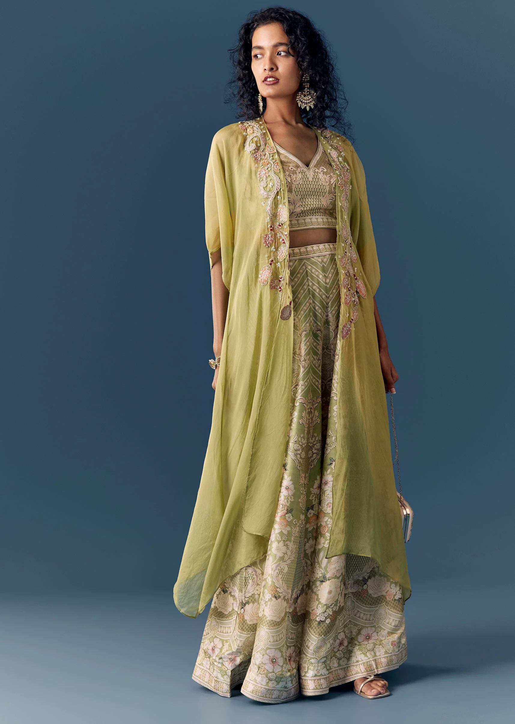 Green Printed Jacket Palazzo Set - Image 3