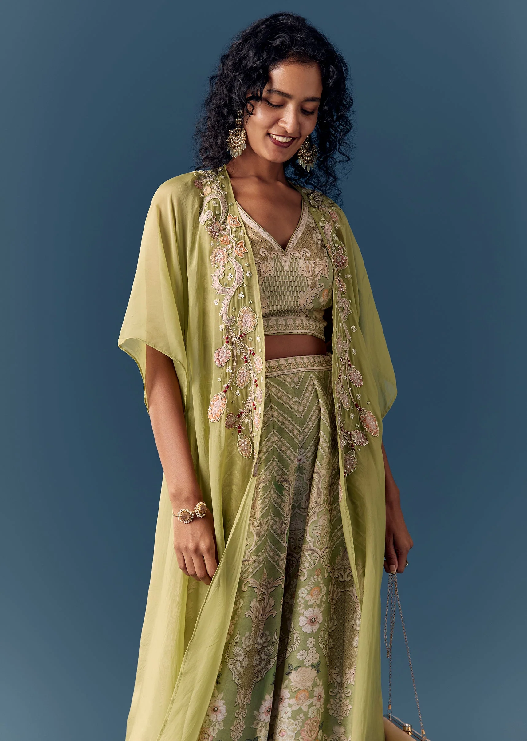 Green Printed Jacket Palazzo Set - Image 4