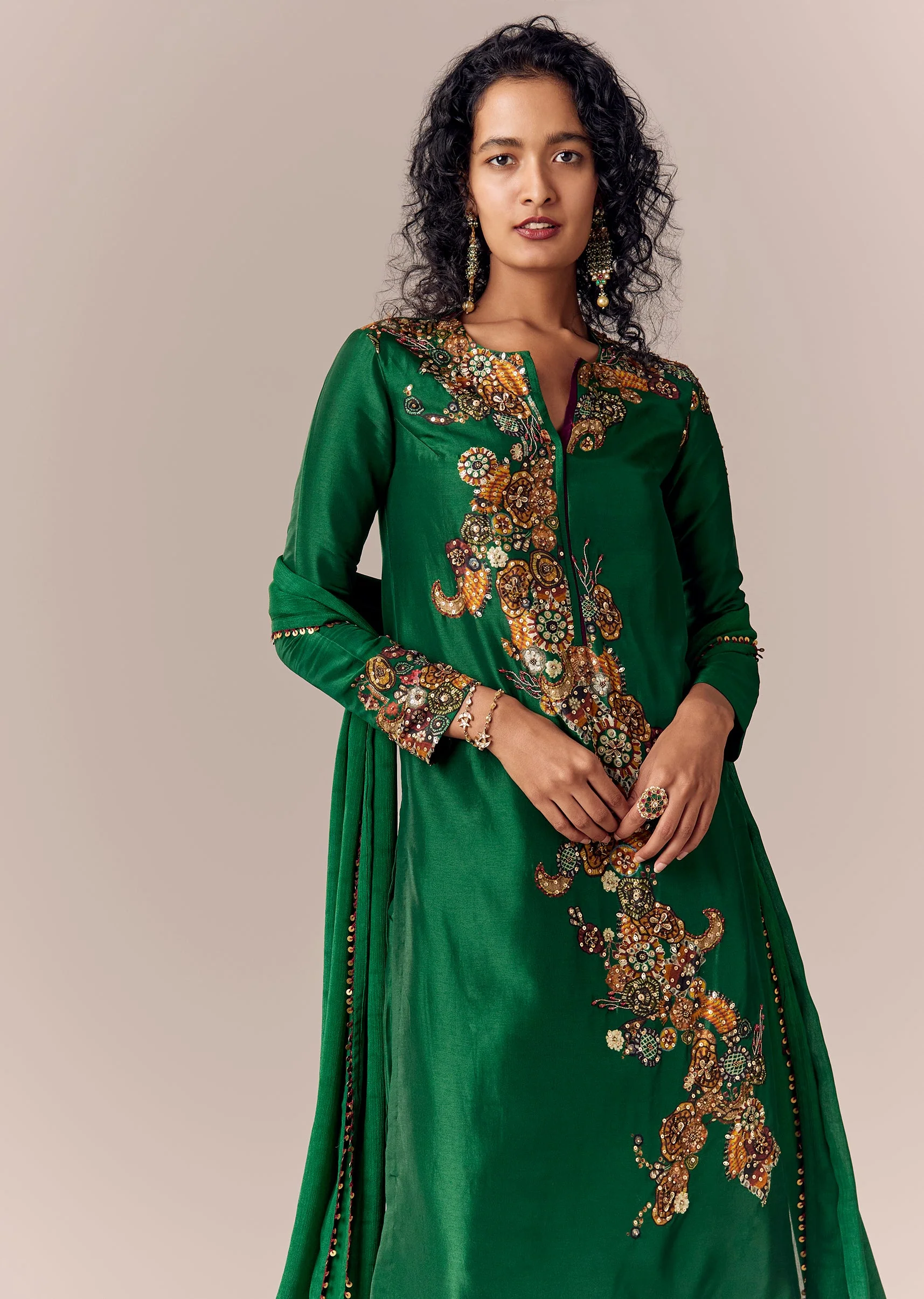 Green Printed Kurta Palazzo Set With Dupatta - Image 4
