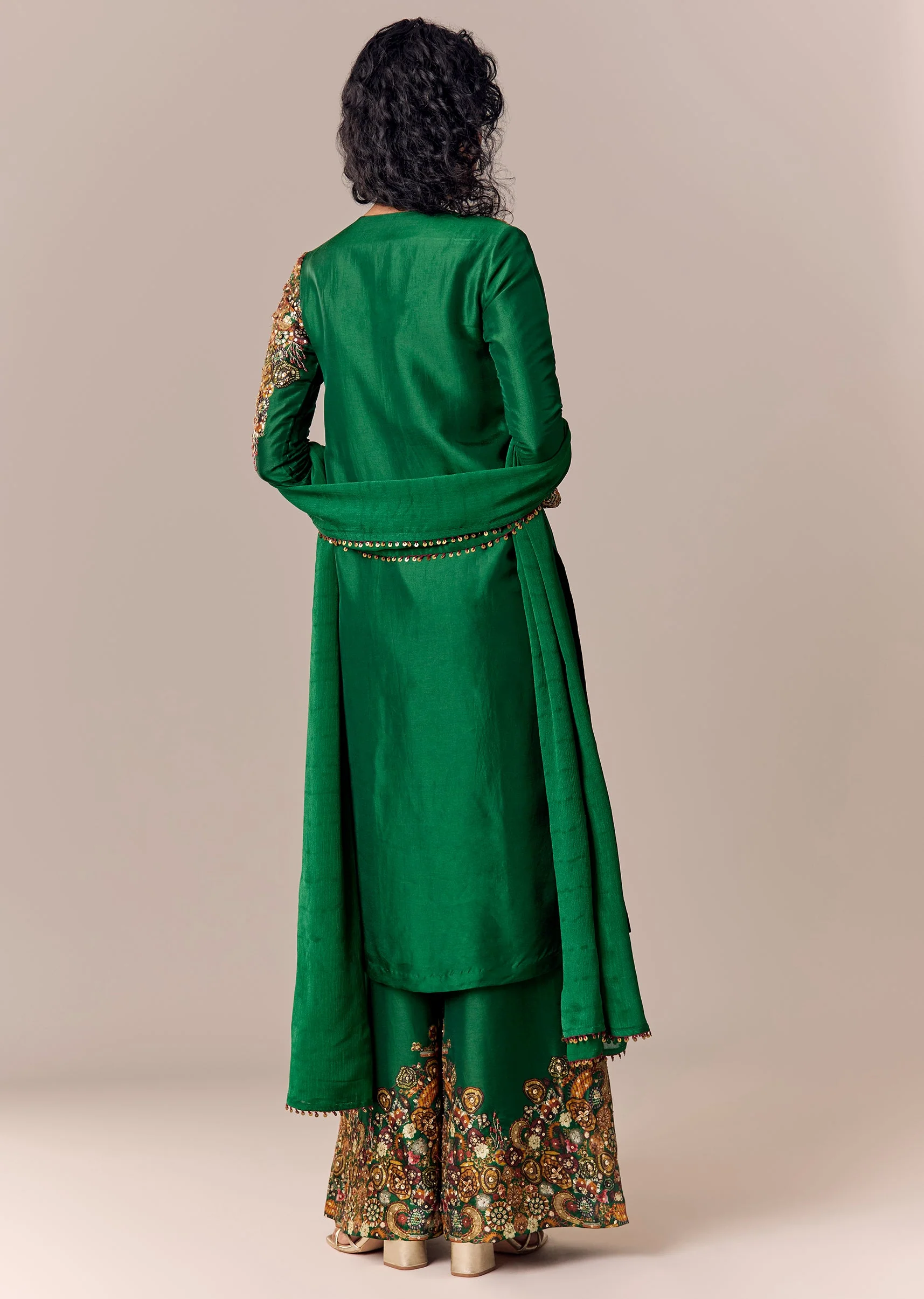 Green Printed Kurta Palazzo Set With Dupatta - Image 5