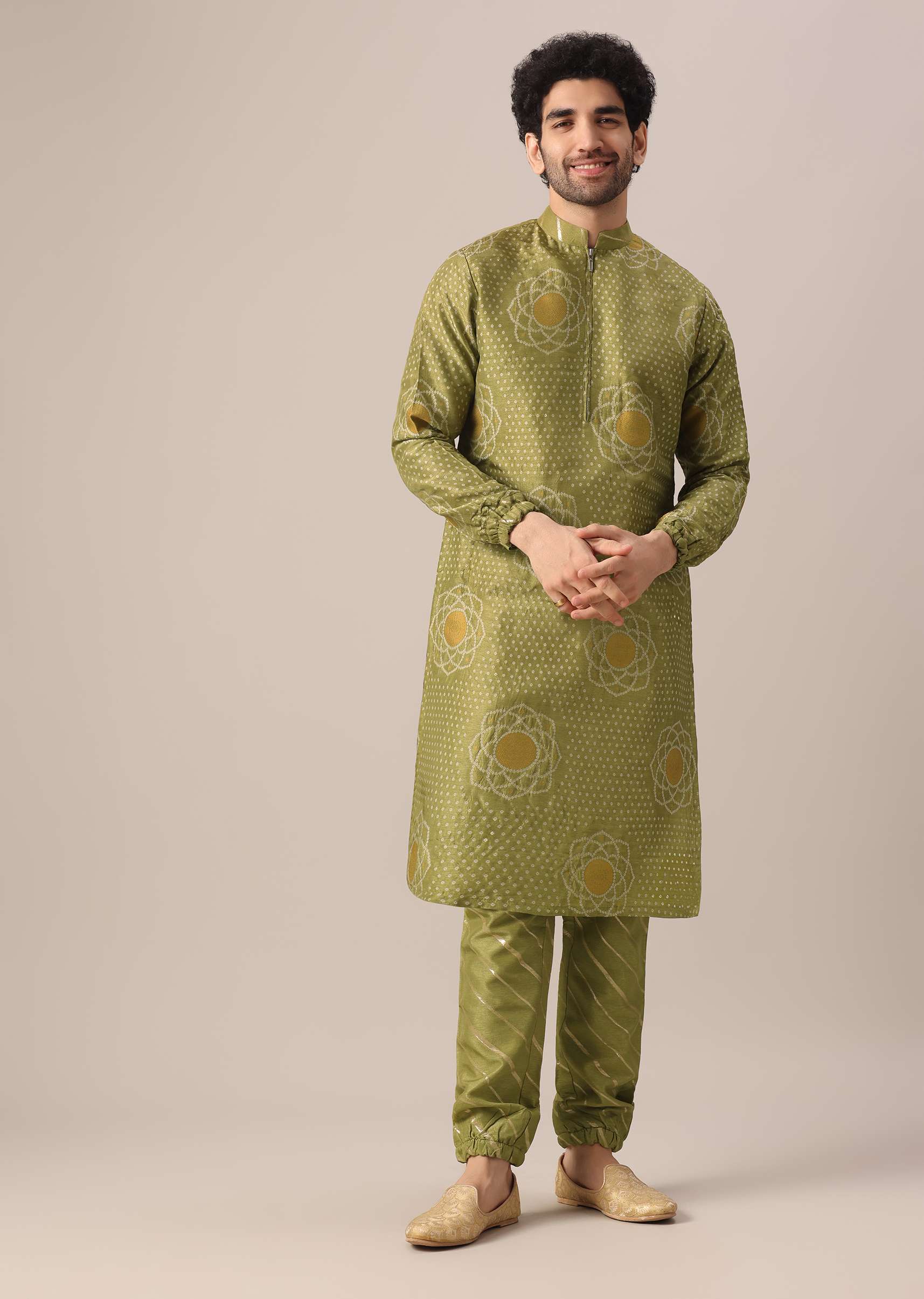 Green Printed Kurta Set In Brocade - Image 4