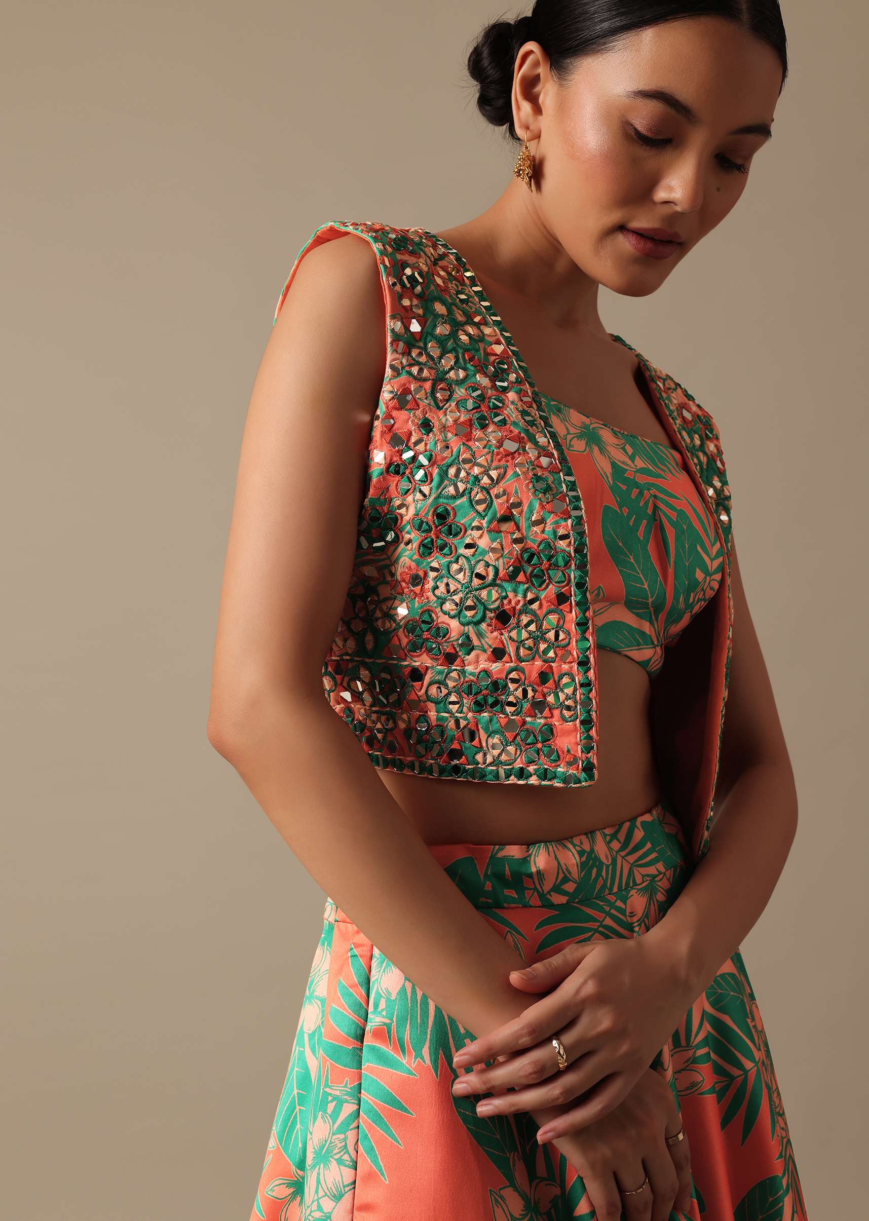 Green Printed Lehenga Set With Mirror Embellished Jacket - Image 4