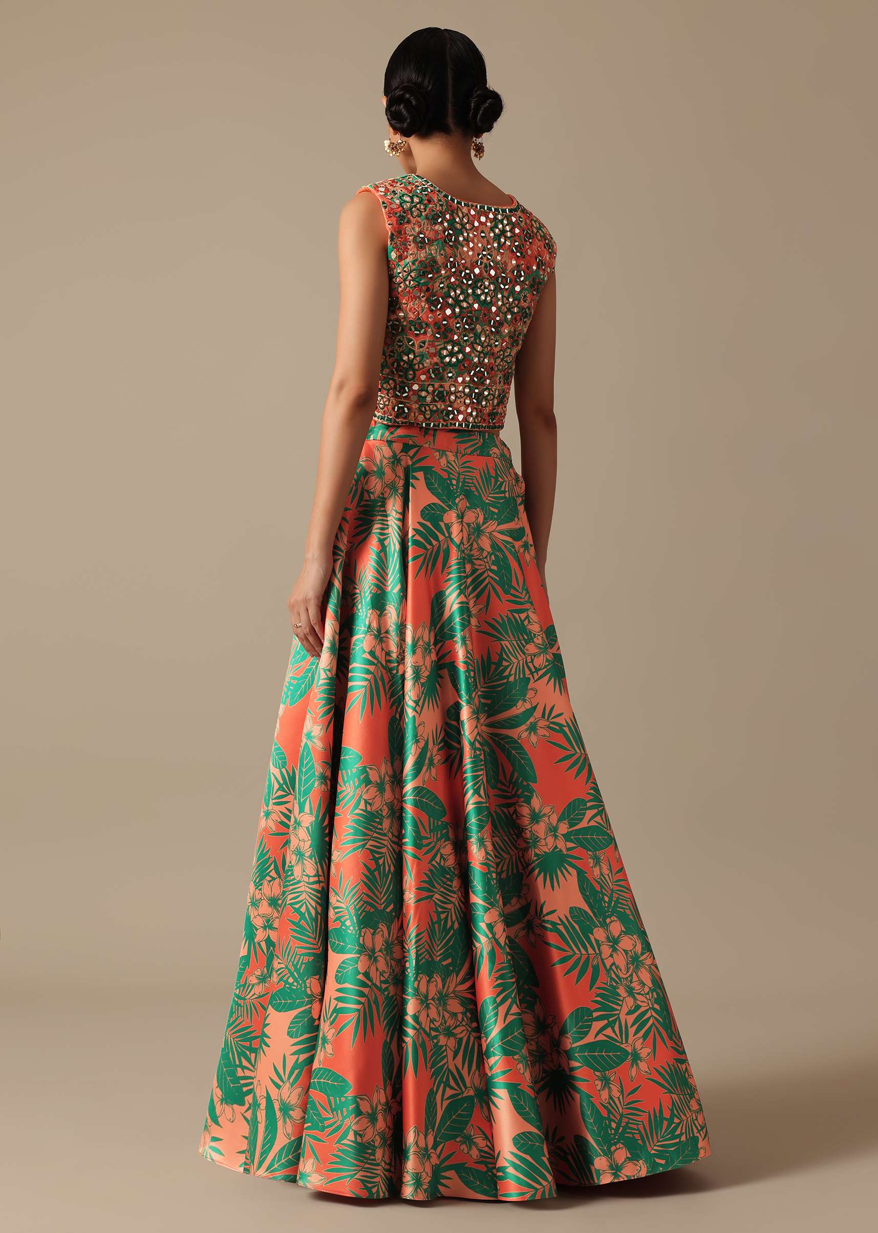 Green Printed Lehenga Set With Mirror Embellished Jacket - Image 5