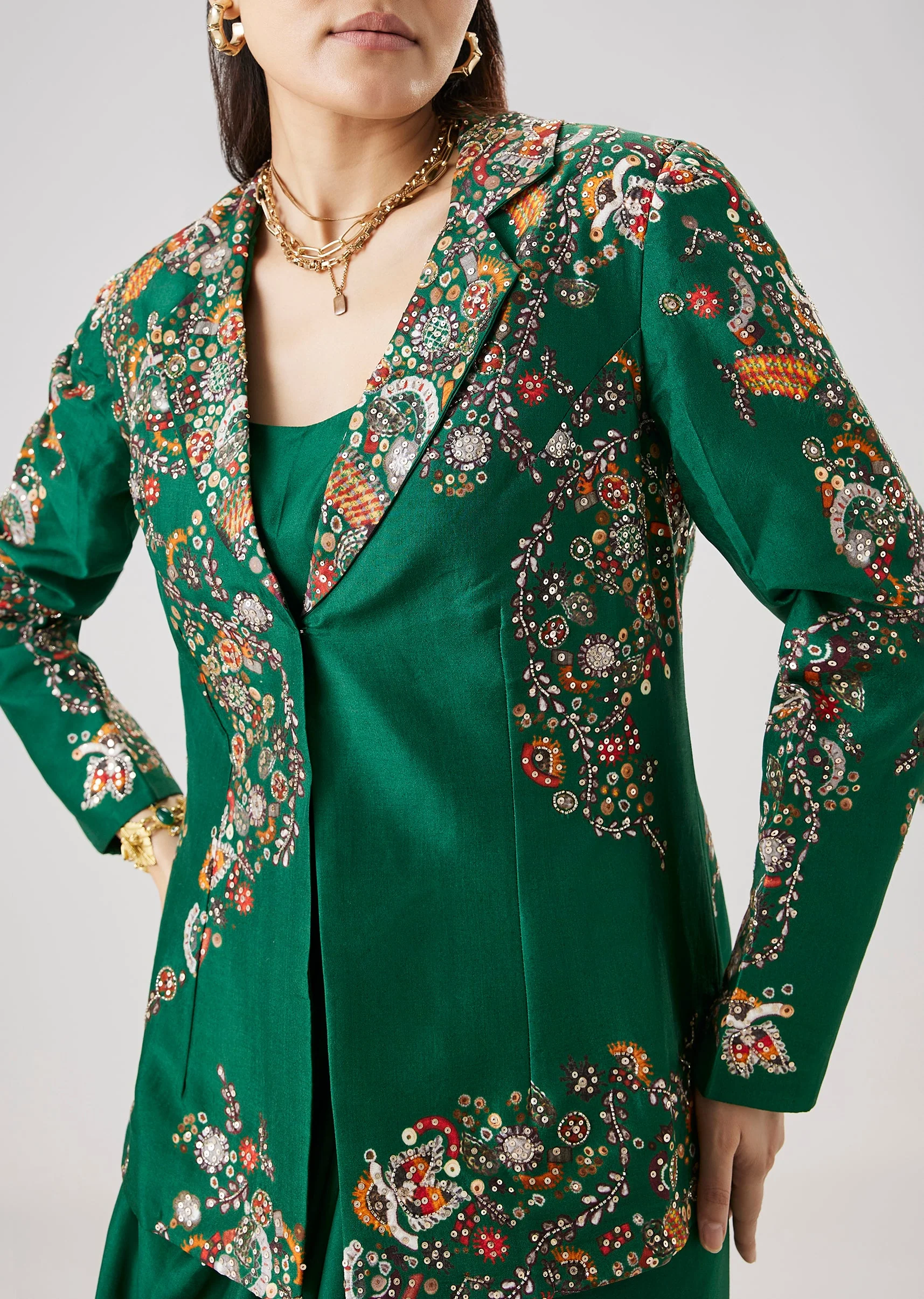 Green Printed Silk Crop Top And Skirt Set With Embellished Jacket - Image 2