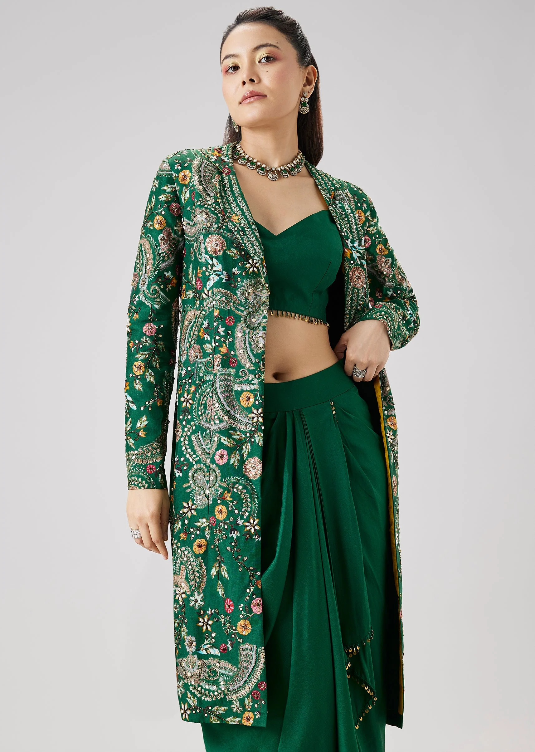 Green Printed Silk Crop Top Skirt Set With Embellished Jacket - Image 4