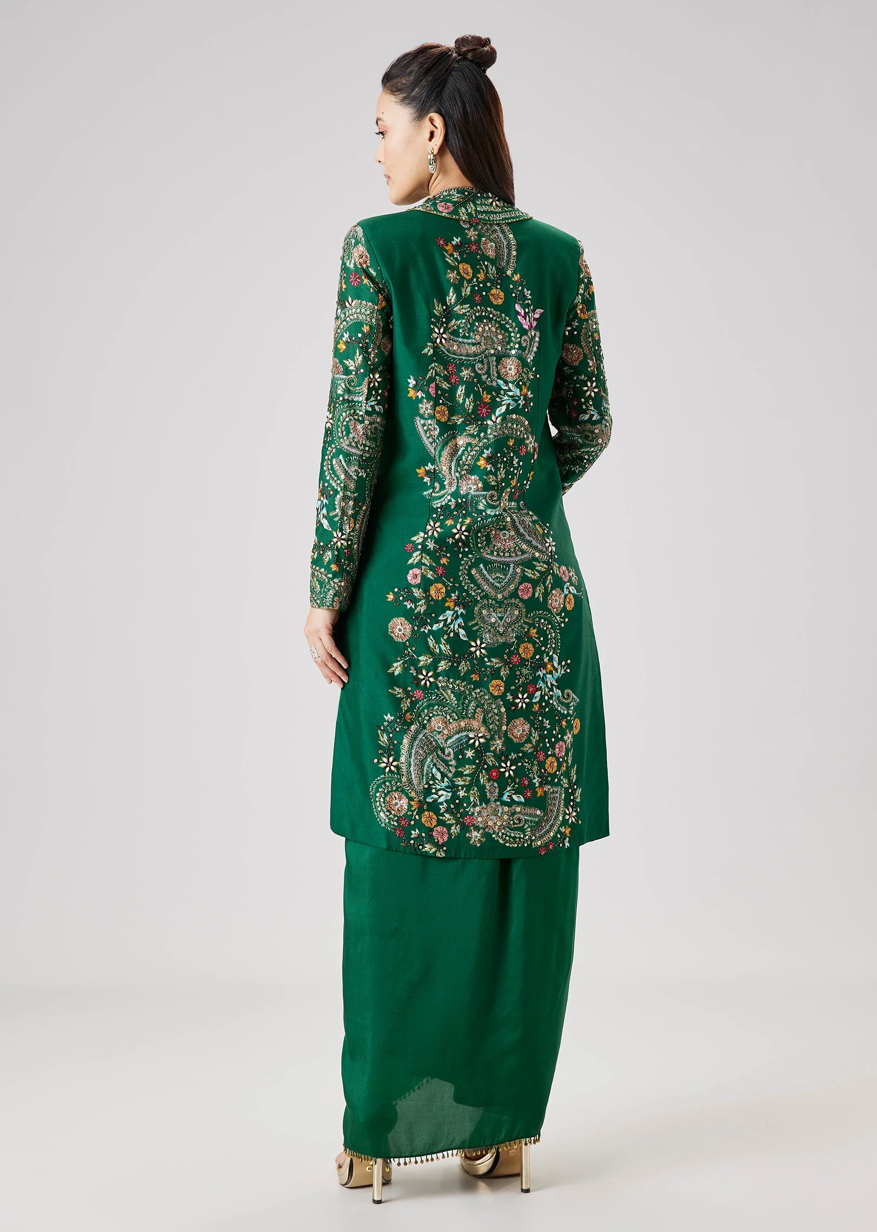 Green Printed Silk Crop Top Skirt Set With Embellished Jacket - Image 5