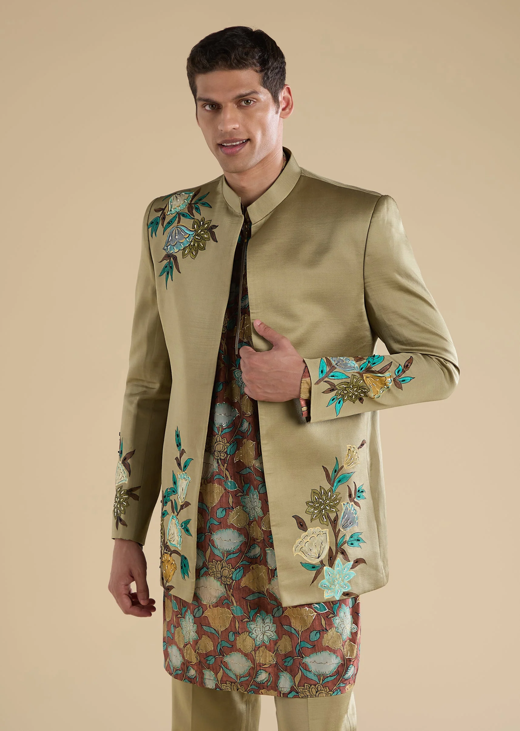 Green Printed Silk Jodhpuri Set - Image 4
