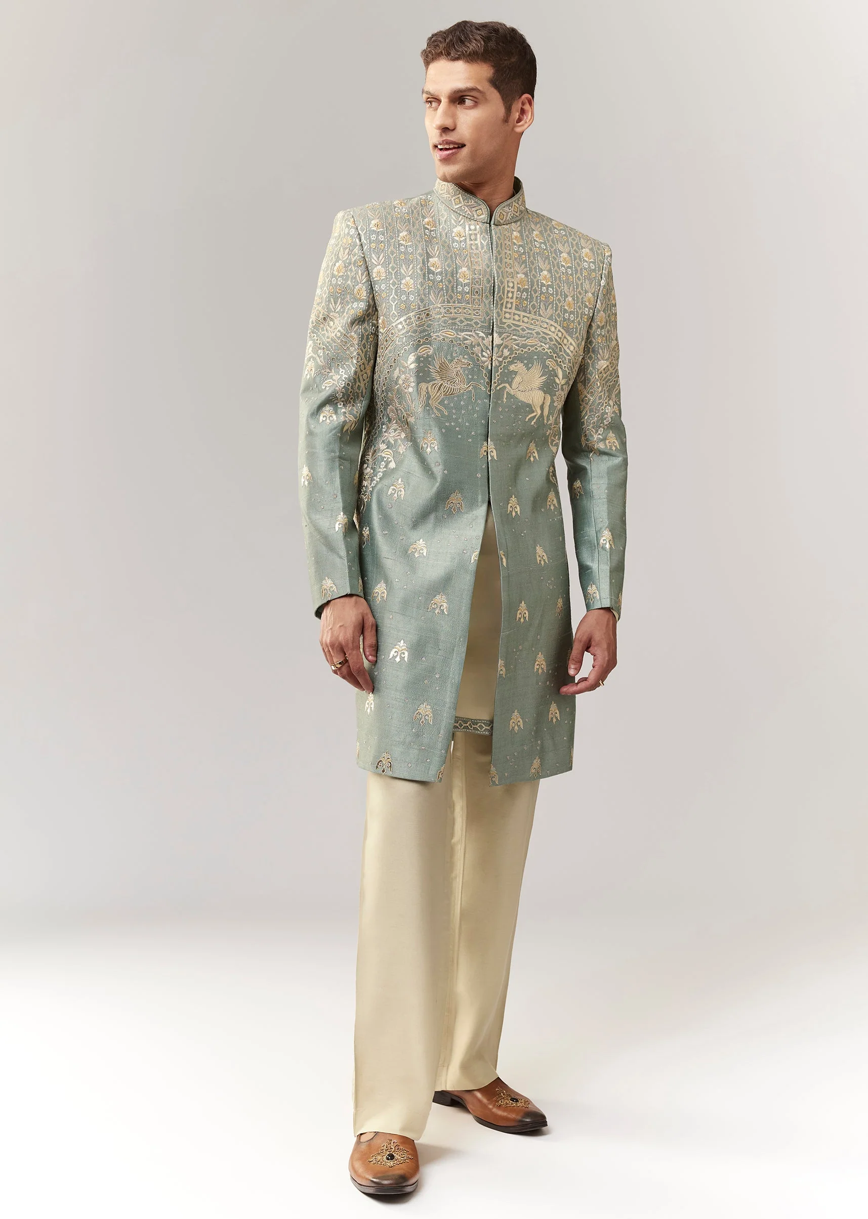 Green Raw Silk Indo Western With Applique And Resham Work