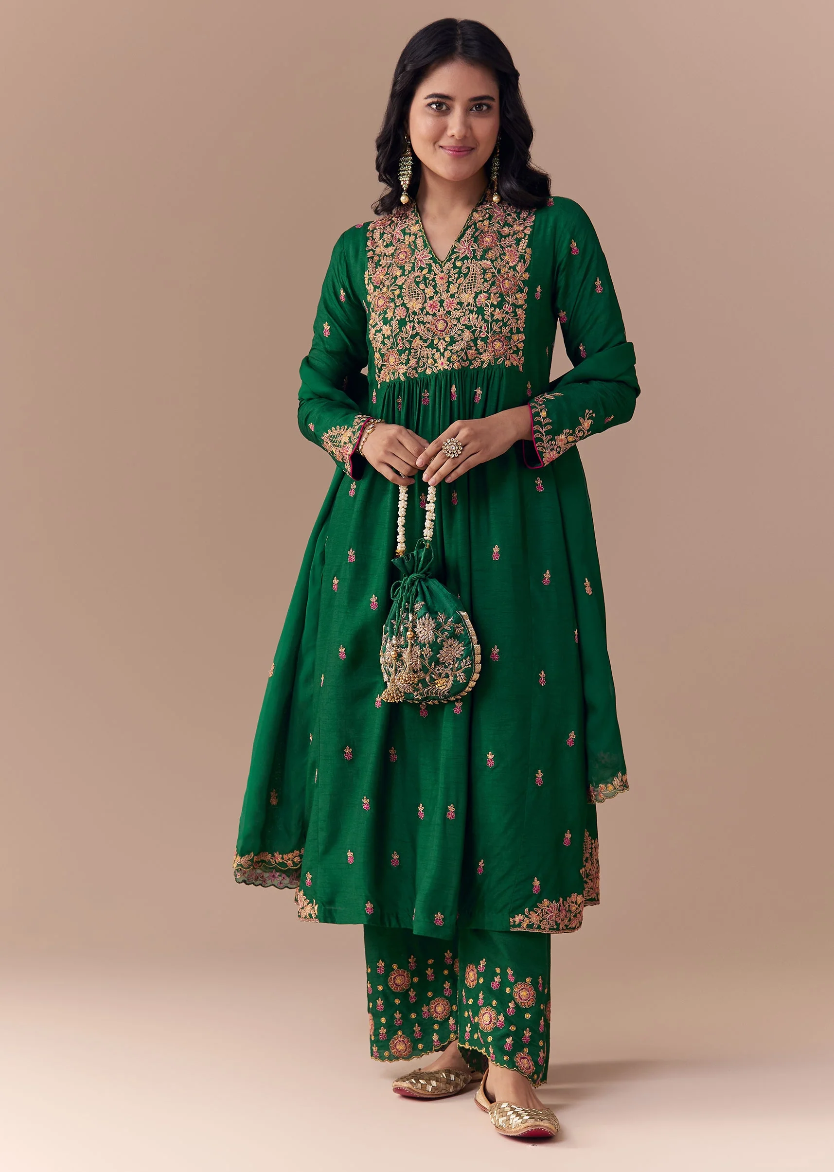 Green Raw Silk Zari Embellished Anarkali Set - Image 3