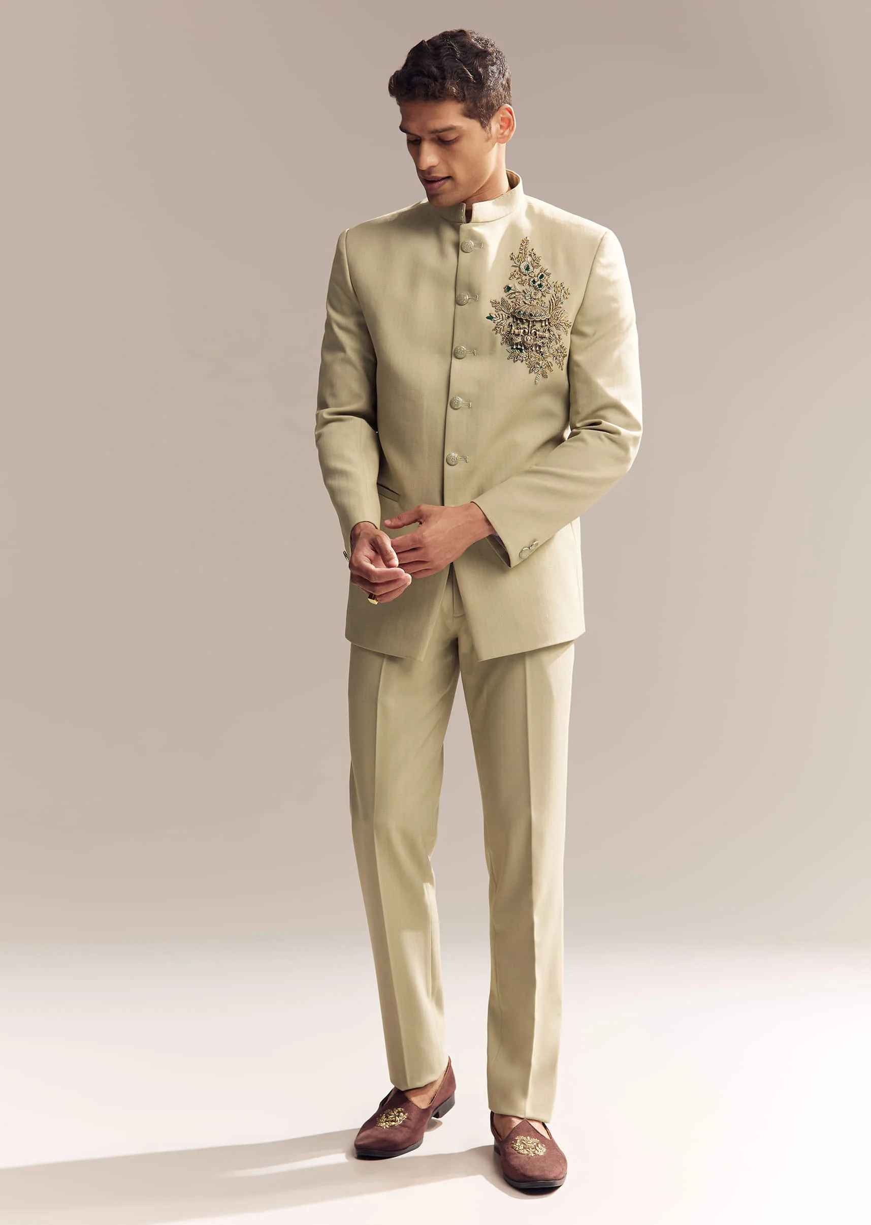 Green Rayon Jodhpuri Suit For Men With Zardosi Embroidery And Brooch - Image 2