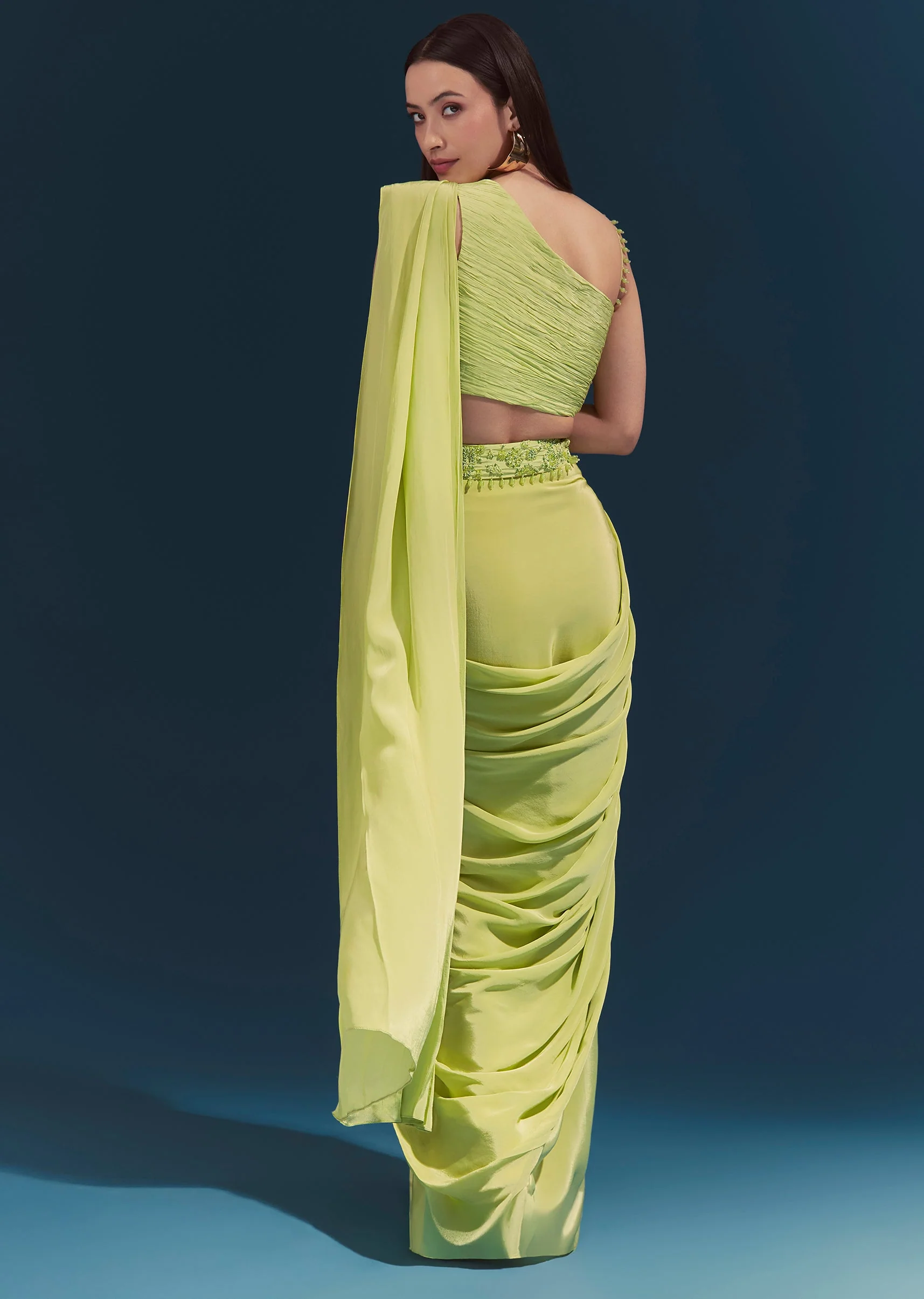 Green Ready Pleated Saree With Belt - Image 2