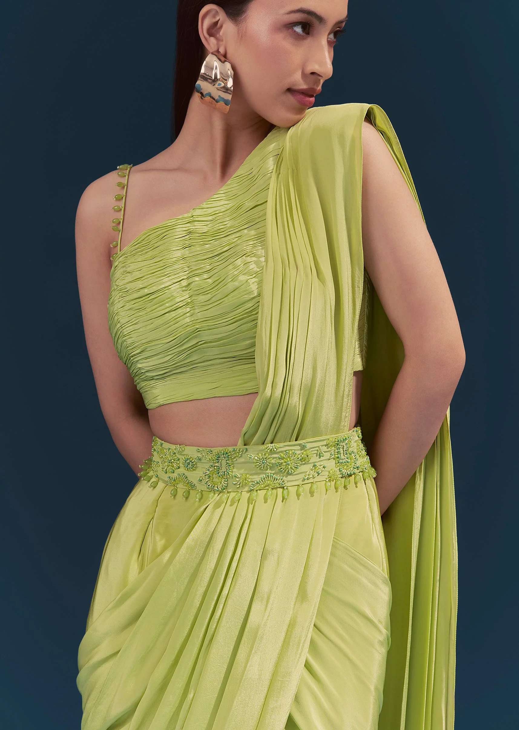 Green Ready Pleated Saree With Belt - Image 3