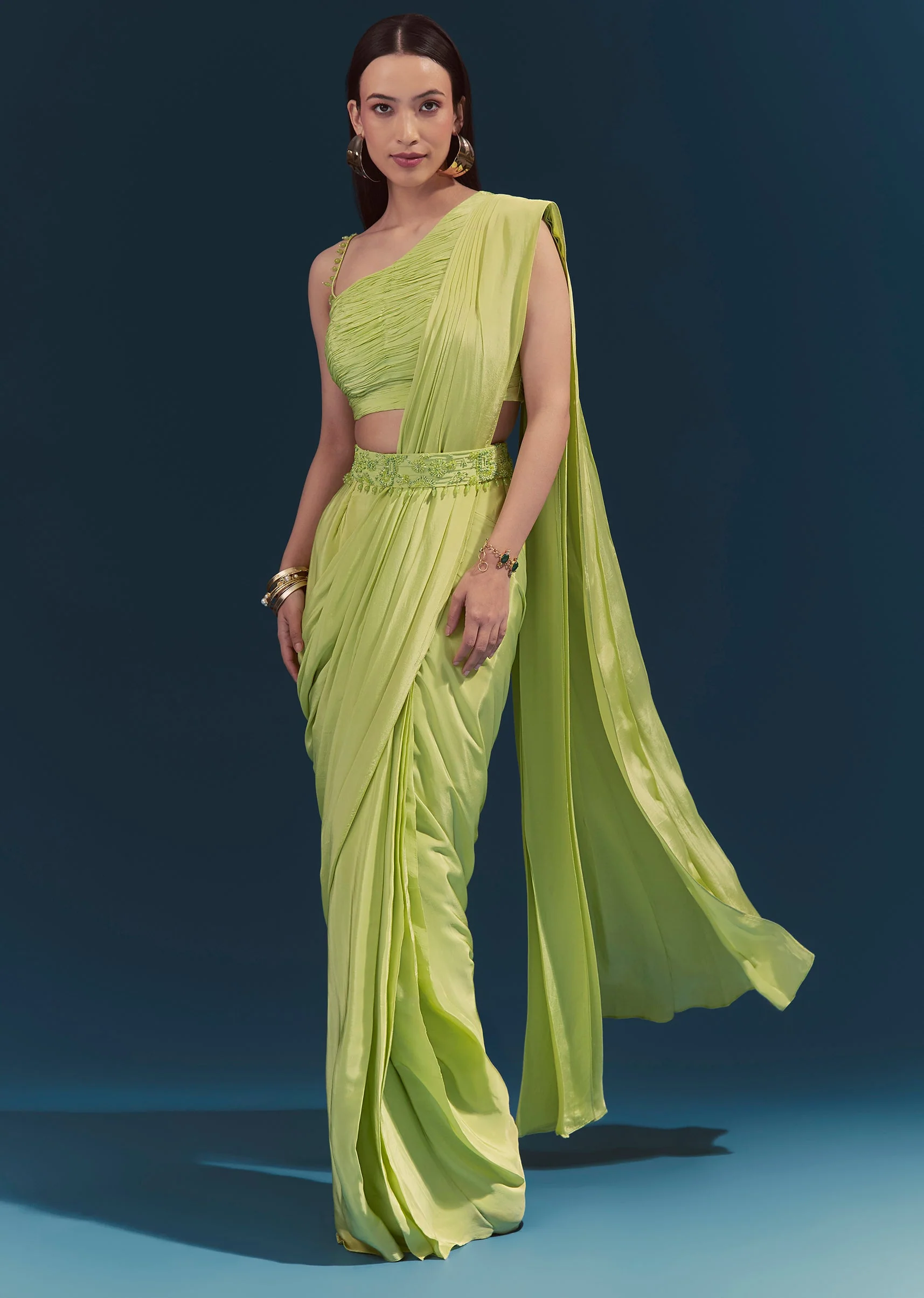 Green Ready Pleated Saree With Belt - Image 4