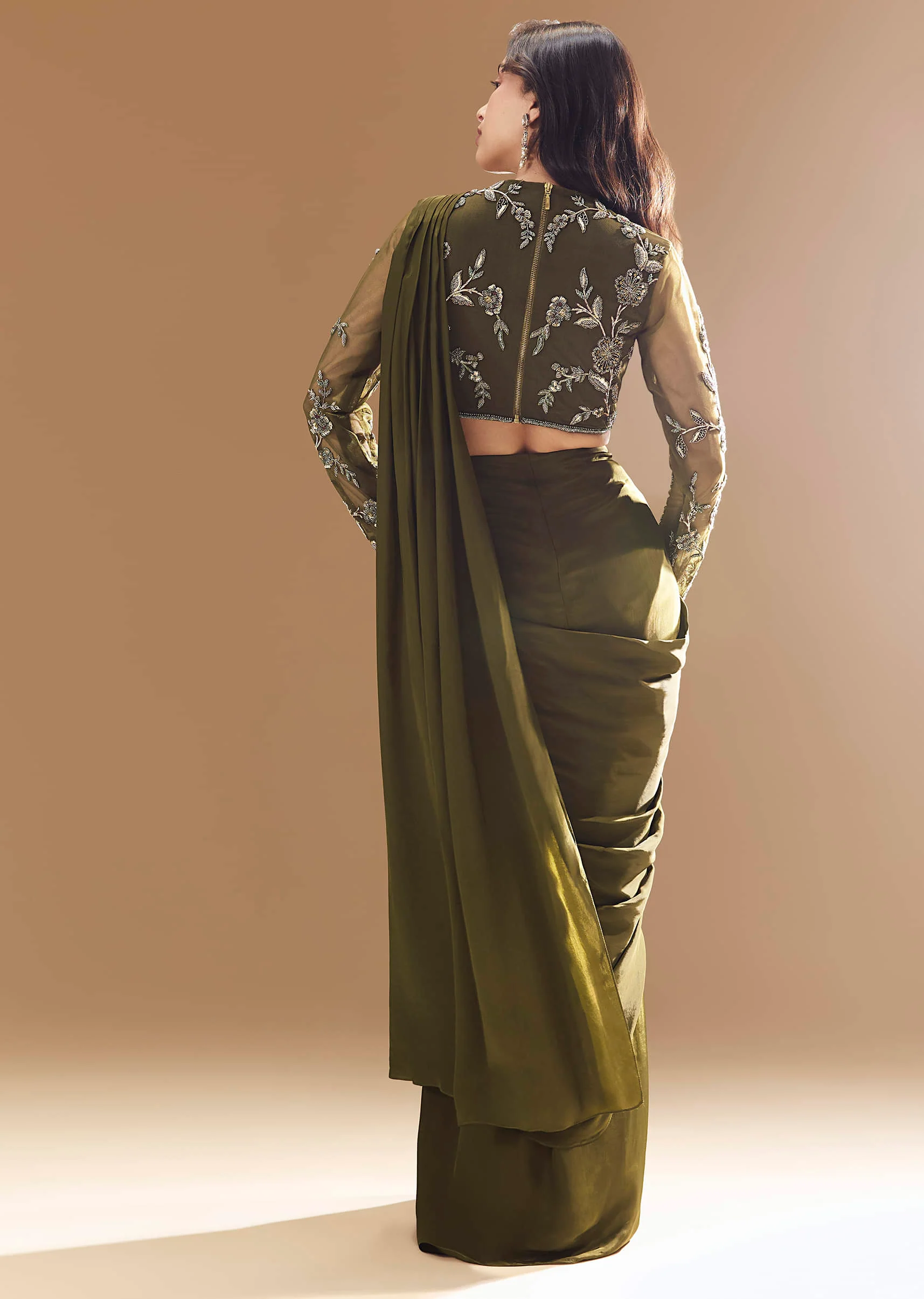 Green Ready Pleated Saree with Cutdana Blouse - Image 2