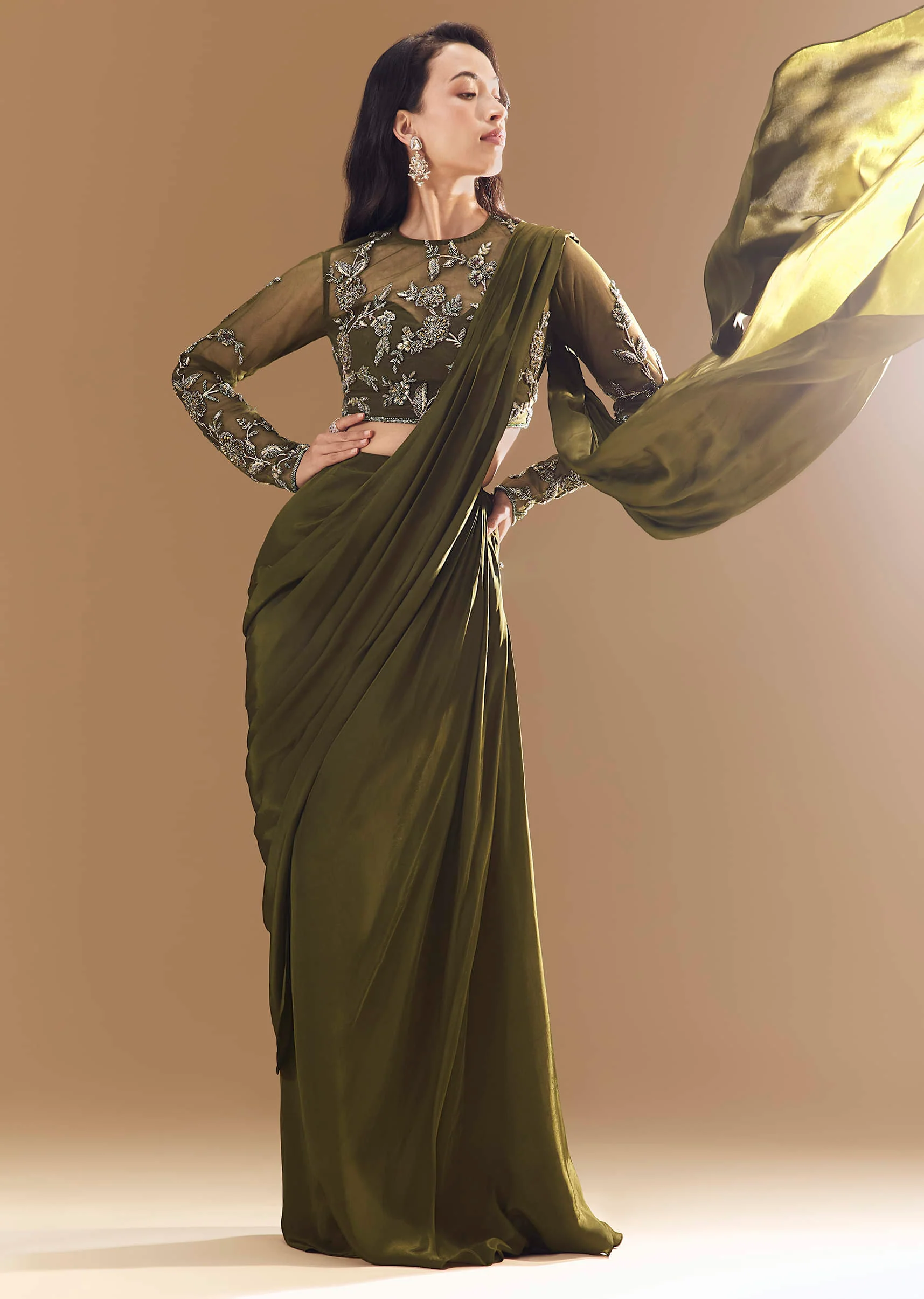 Green Ready Pleated Saree with Cutdana Blouse - Image 4