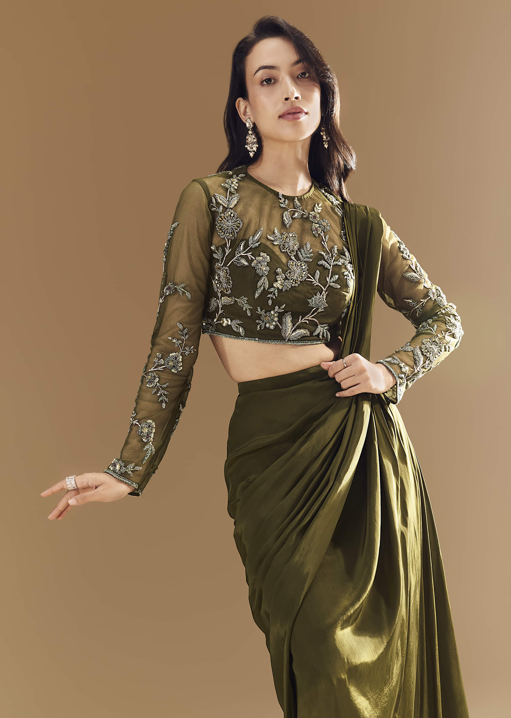 Green Ready Pleated Saree with Cutdana Blouse - Image 5