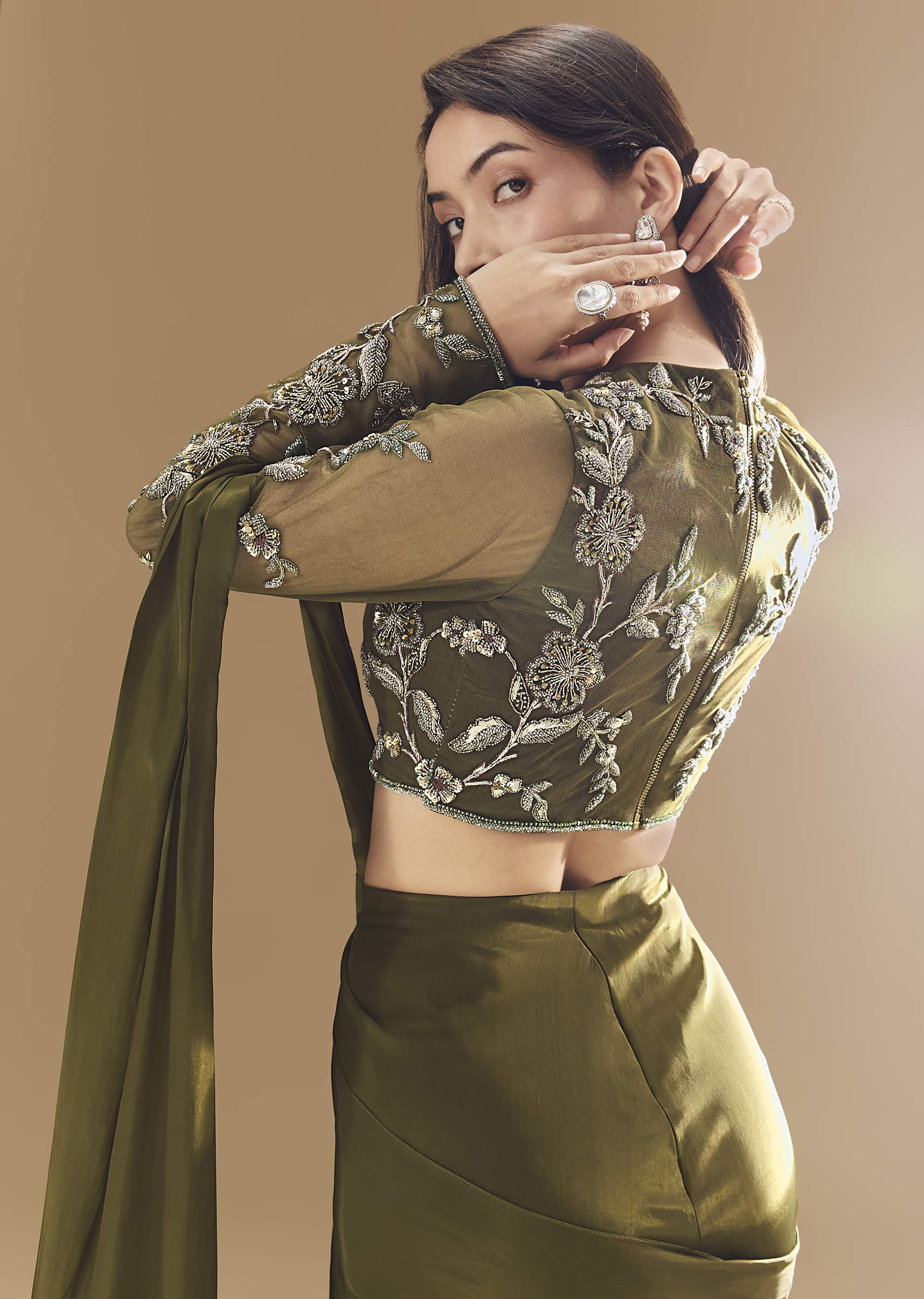 Green Ready Pleated Saree with Cutdana Blouse - Image 6