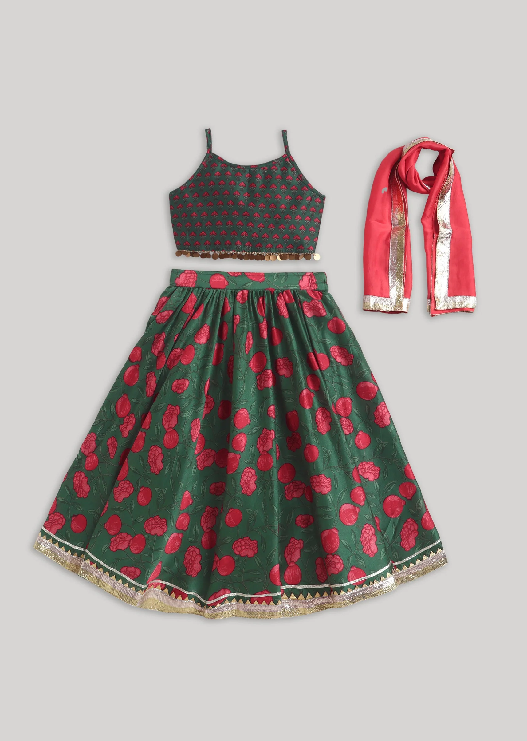 Green Red Printed Lehenga Set