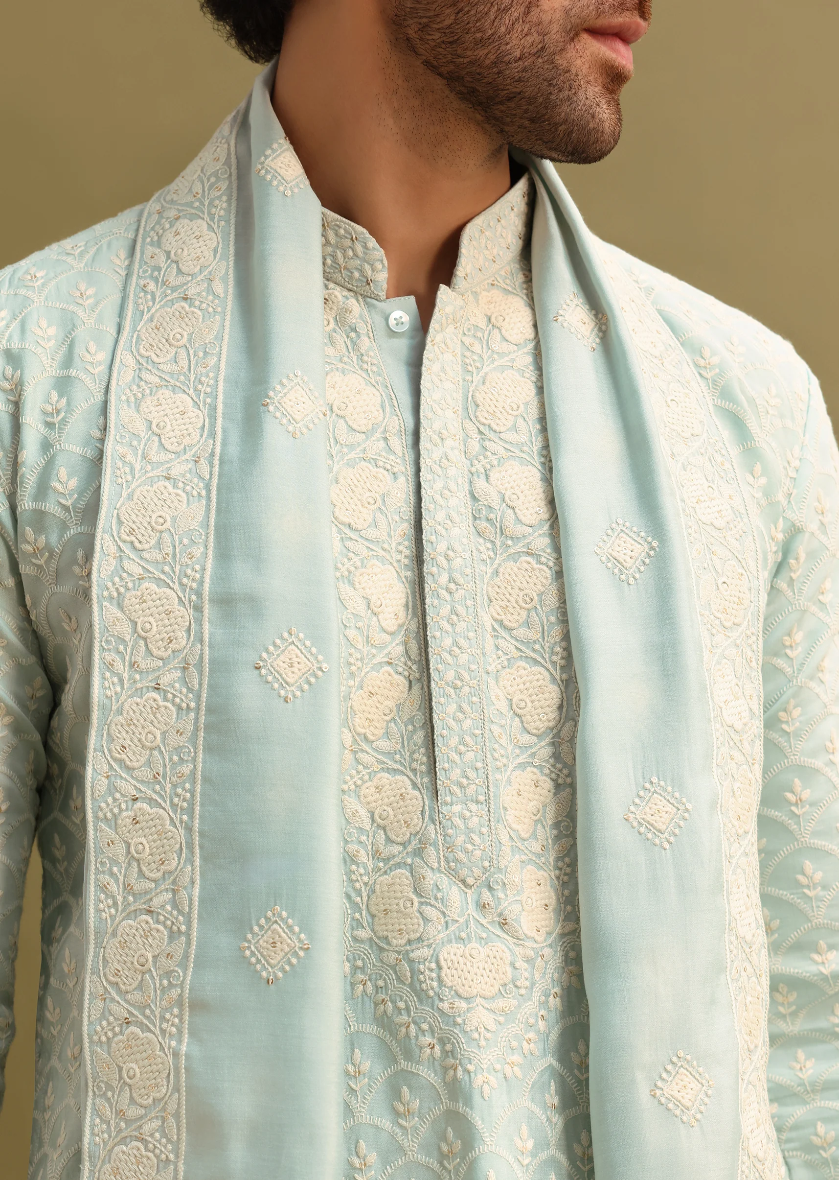 Green Resham Work Kurta Set With Dupatta
