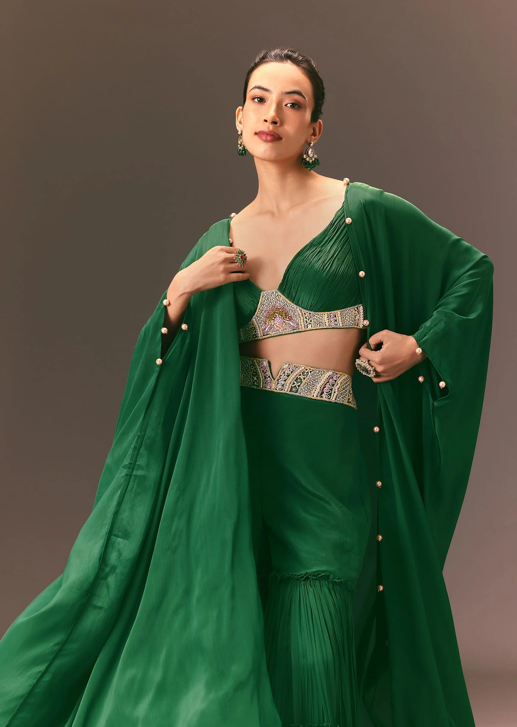 Green Ruched Blouse With Frill Palazzo And Cape - Image 2