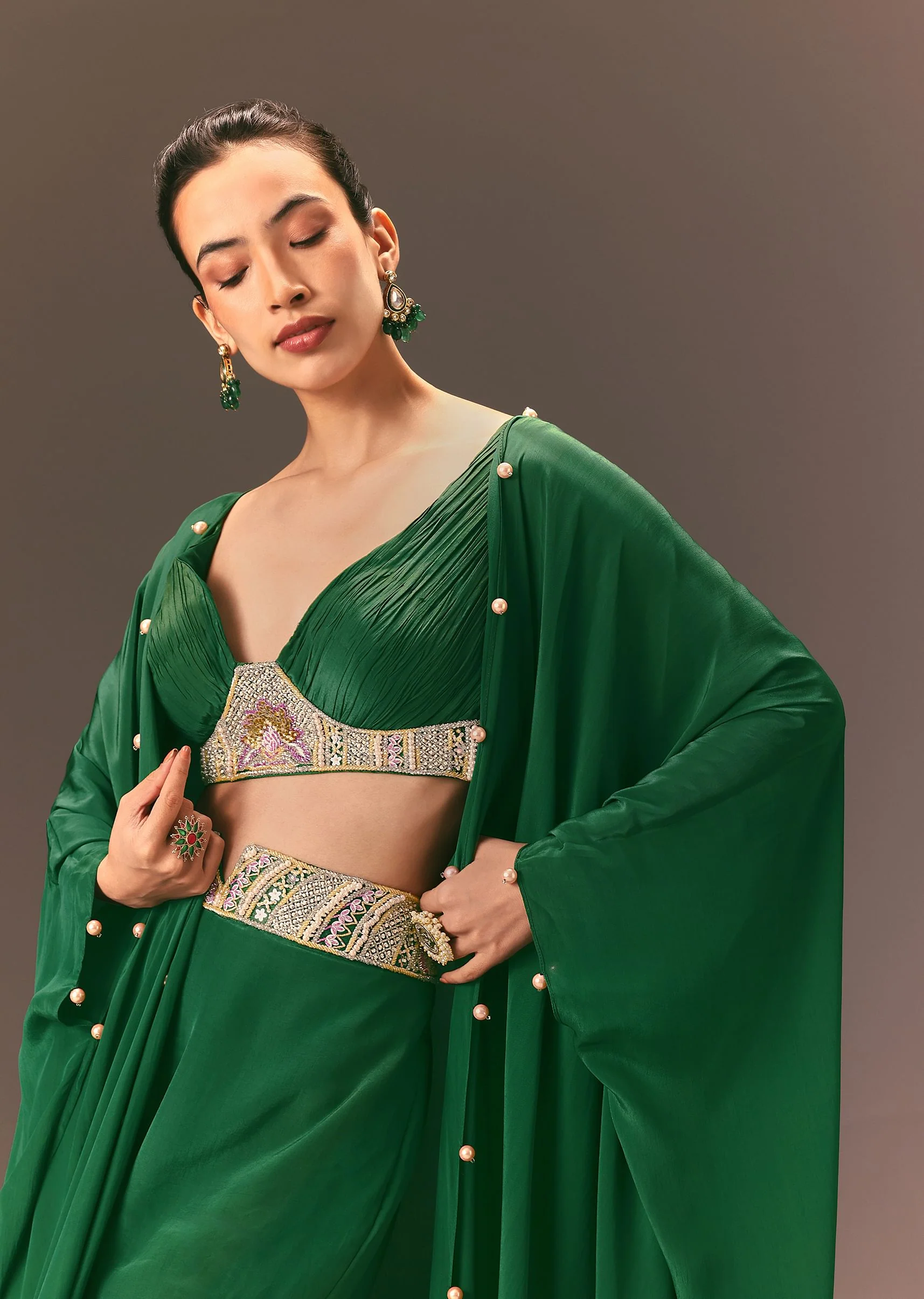 Green Ruched Blouse With Frill Palazzo And Cape - Image 4