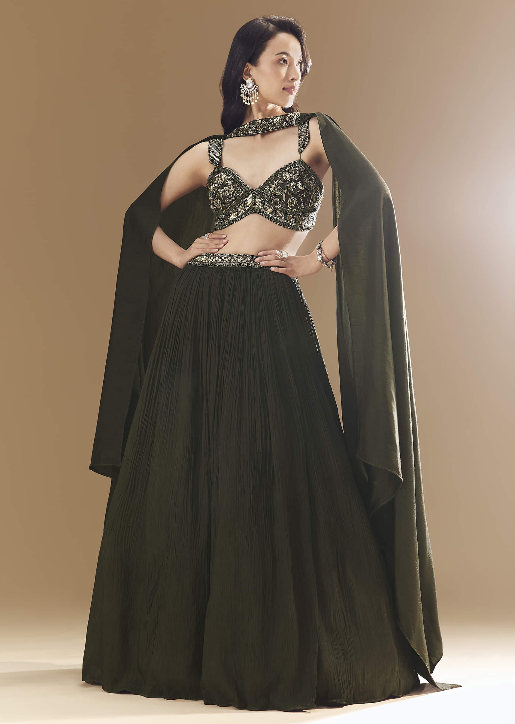 Green Ruched Bridesmaid Lehega with Choker Dupatta