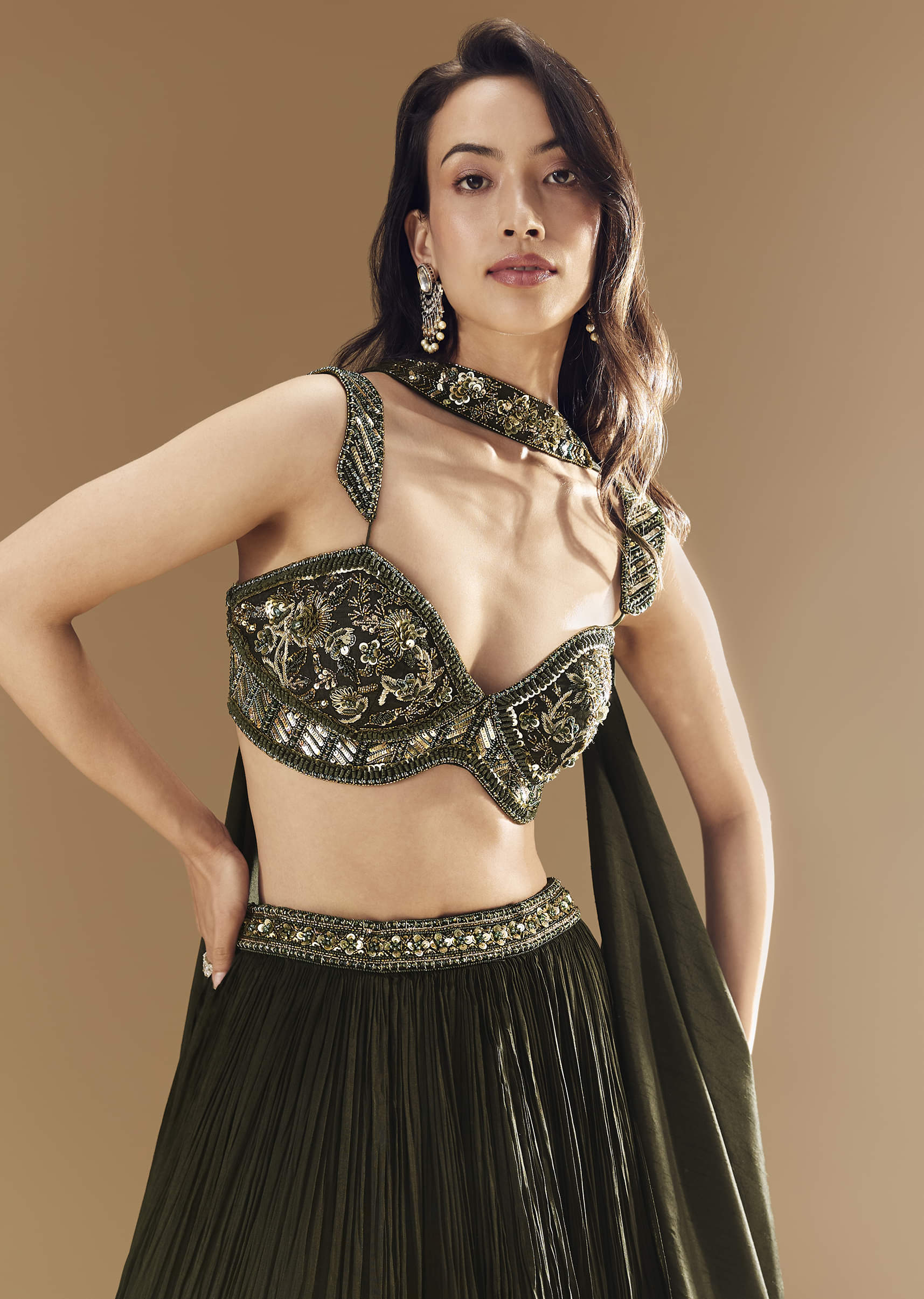 Green Ruched Bridesmaid Lehega with Choker Dupatta - Image 3