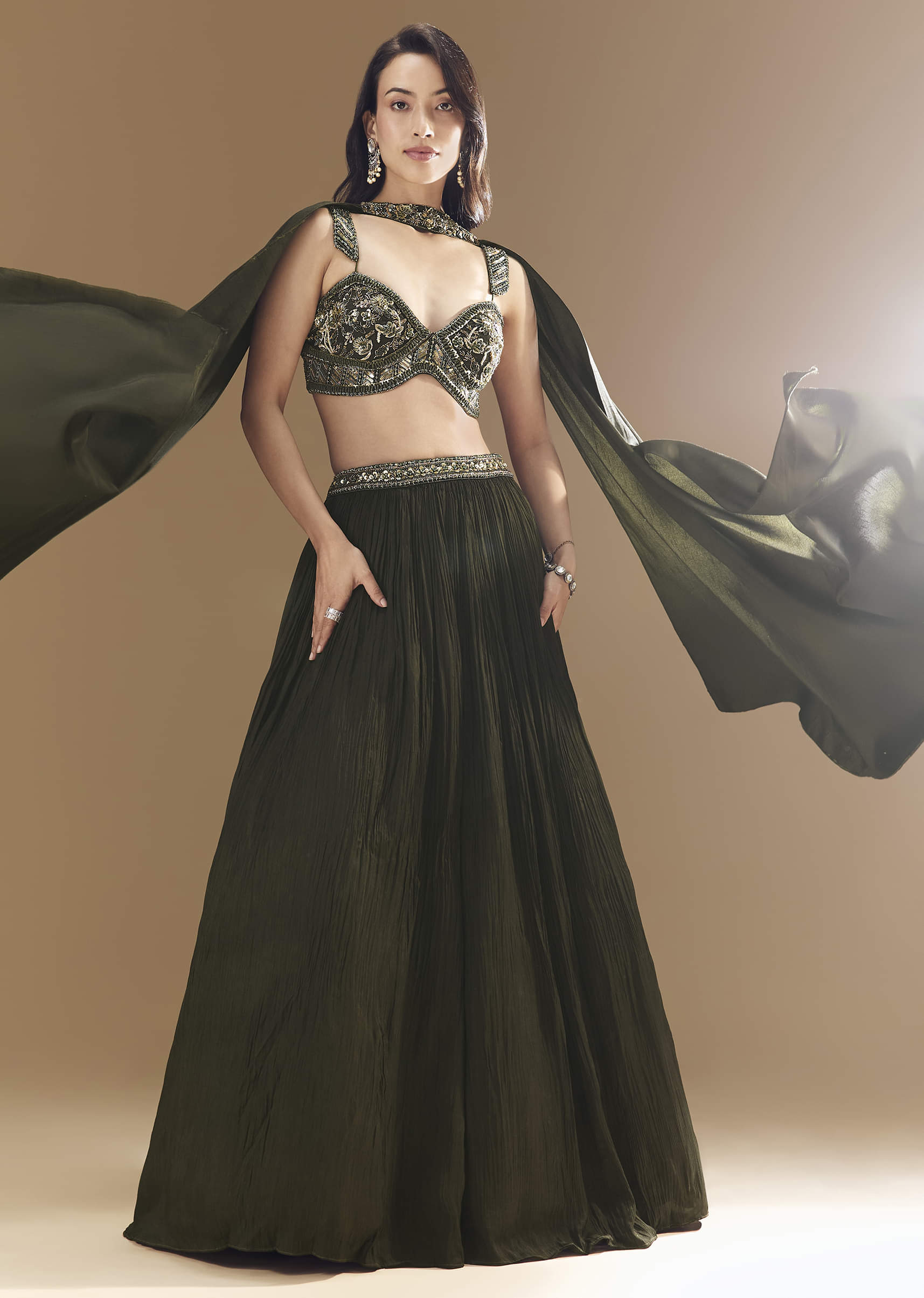 Green Ruched Bridesmaid Lehega with Choker Dupatta - Image 4