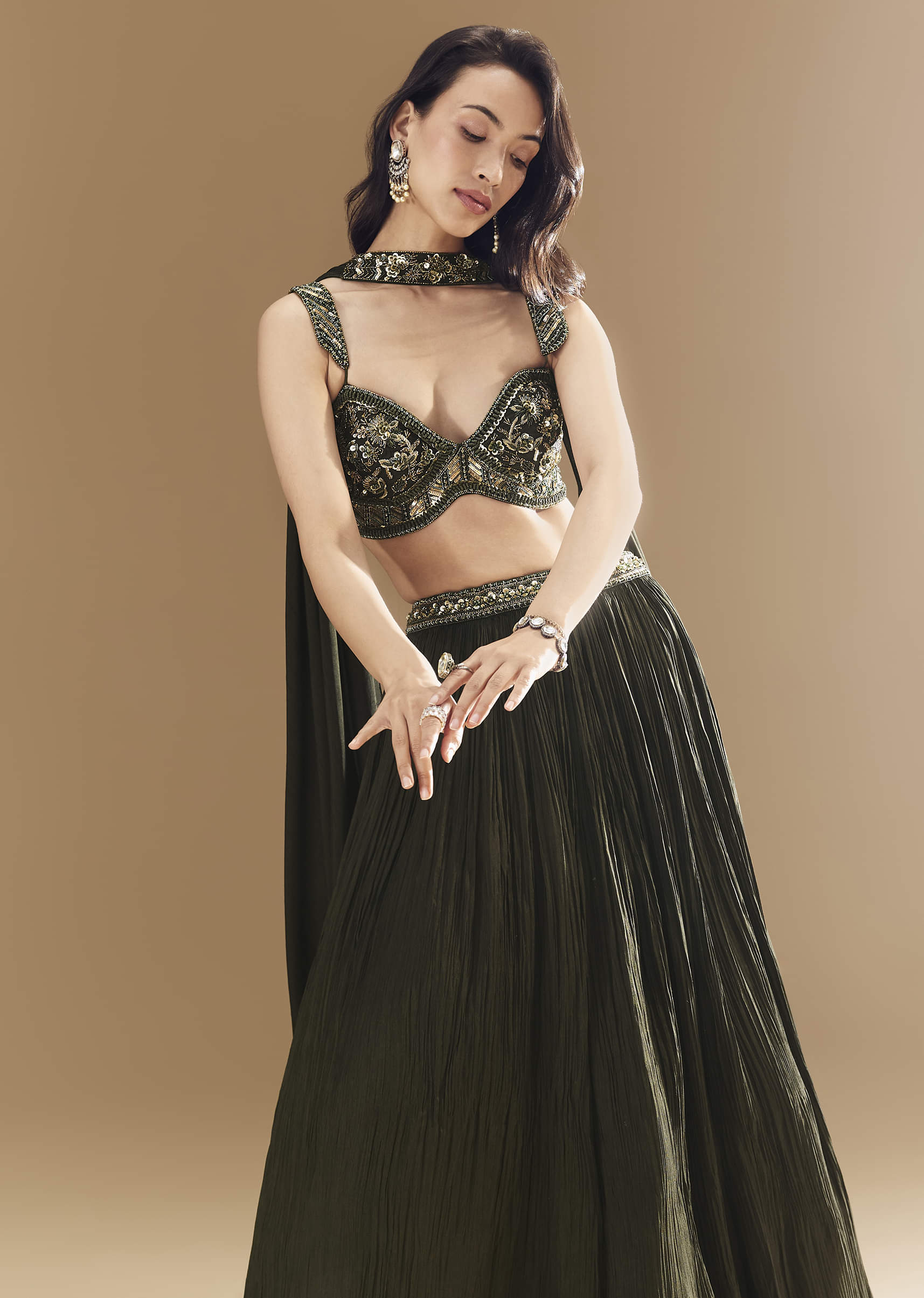 Green Ruched Bridesmaid Lehega with Choker Dupatta - Image 5