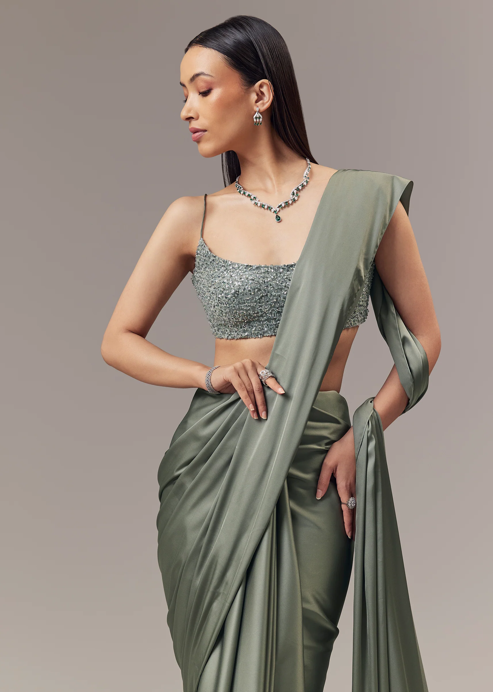 Green Satin Blend Saree With Cut Dana And Sequin Embellished Blouse - Image 5