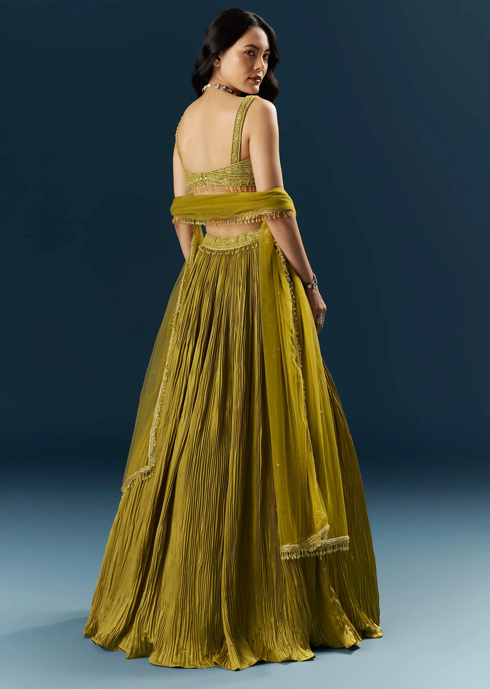 Green Satin Bridesmaid Lehenga With Cutdana And Beads Embroidery - Image 2
