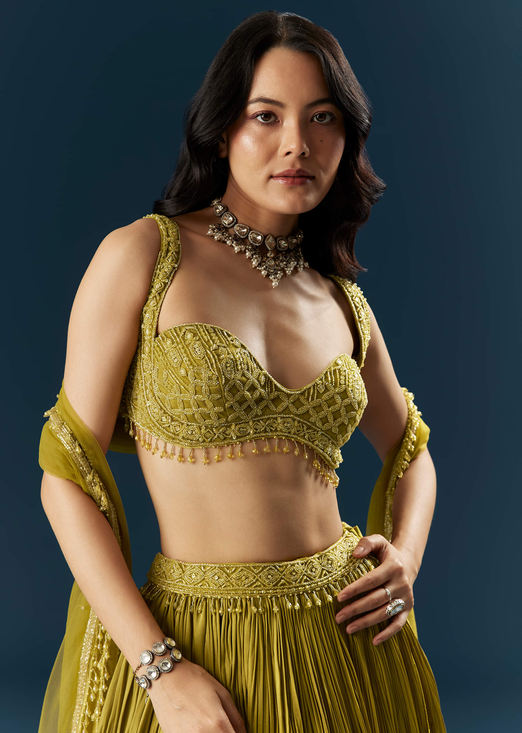 Green Satin Bridesmaid Lehenga With Cutdana And Beads Embroidery - Image 3