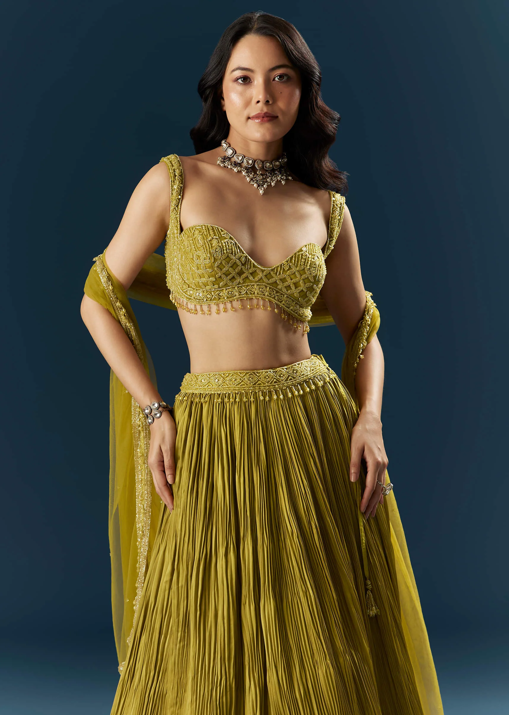 Green Satin Bridesmaid Lehenga With Cutdana And Beads Embroidery - Image 5