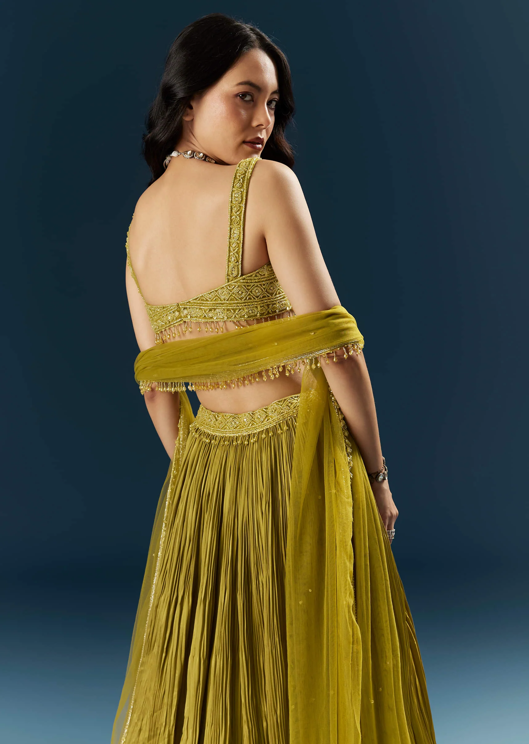 Green Satin Bridesmaid Lehenga With Cutdana And Beads Embroidery - Image 6