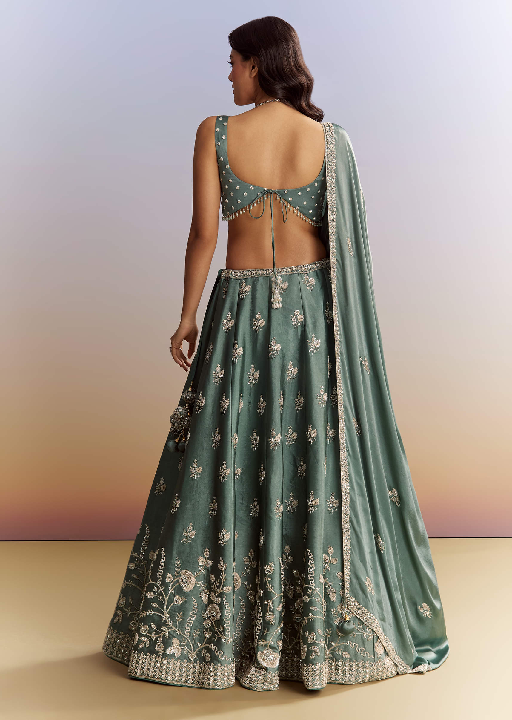 Green Satin Bridesmaid Lehenga With Heavy Embroidery - Image 2