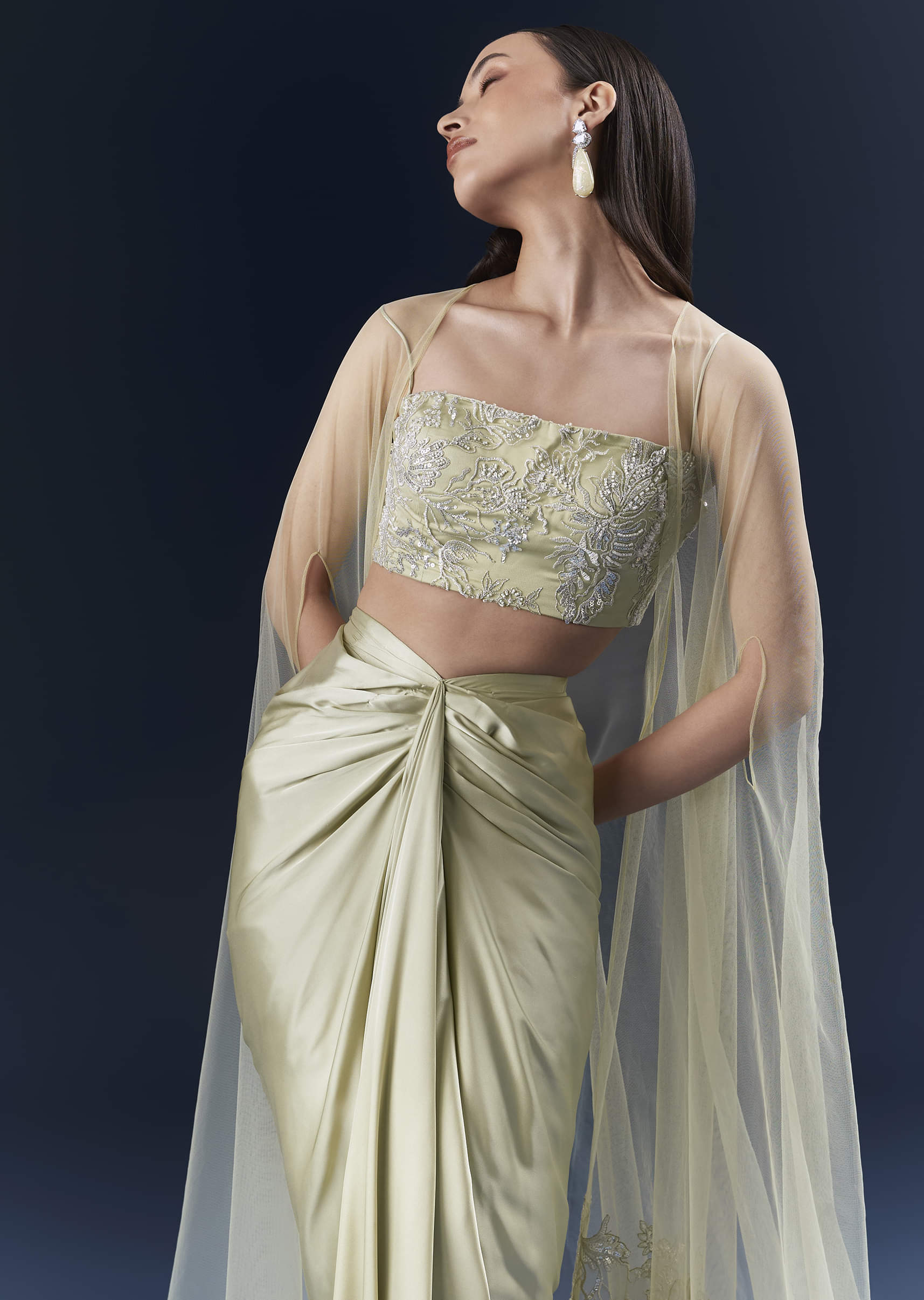 Green Satin Crop Top And Drape Skirt Set With Lace Work - Image 3