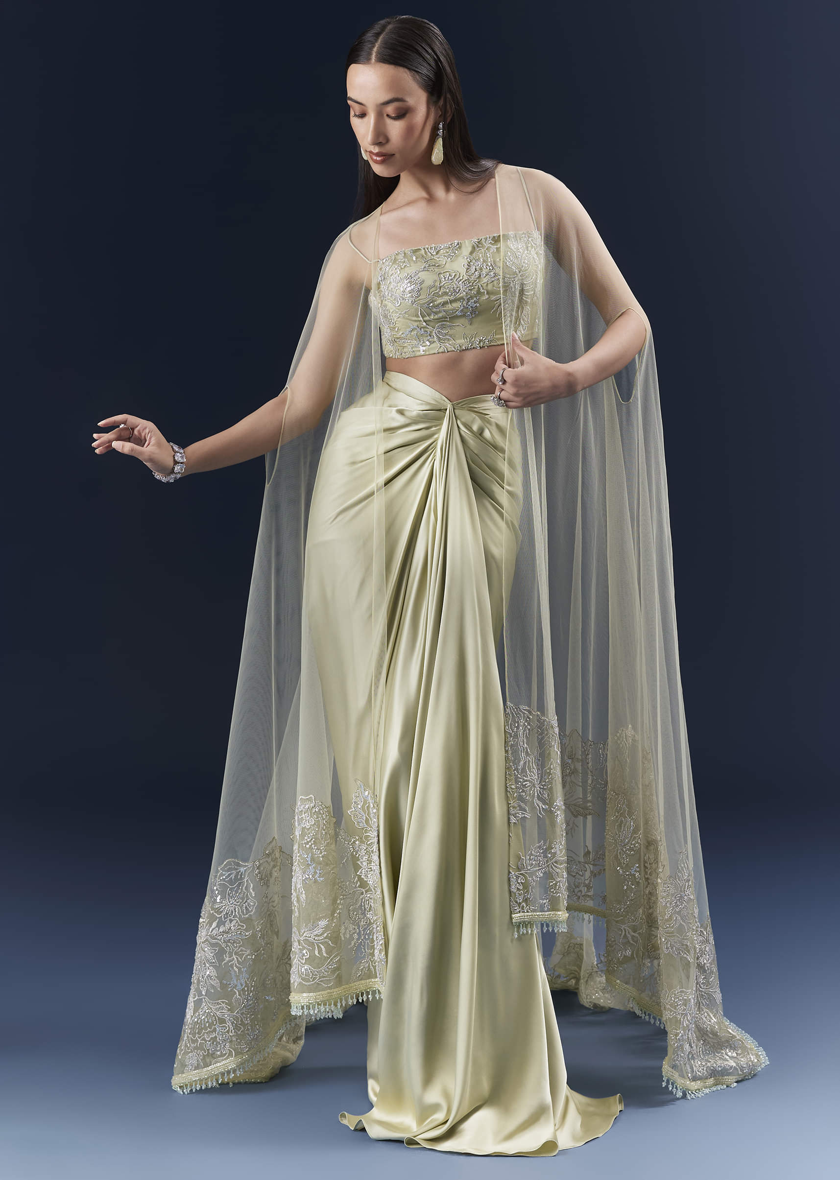 Green Satin Crop Top And Drape Skirt Set With Lace Work - Image 4