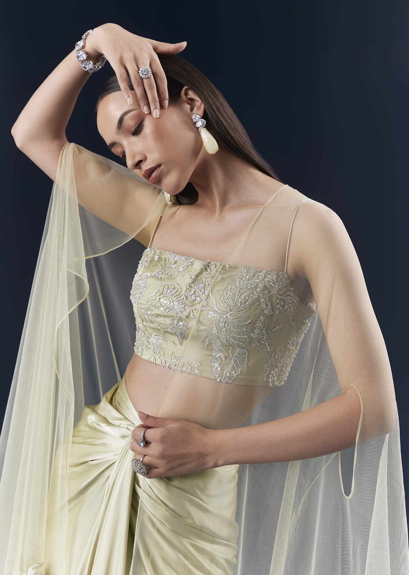 Green Satin Crop Top And Drape Skirt Set With Lace Work - Image 5