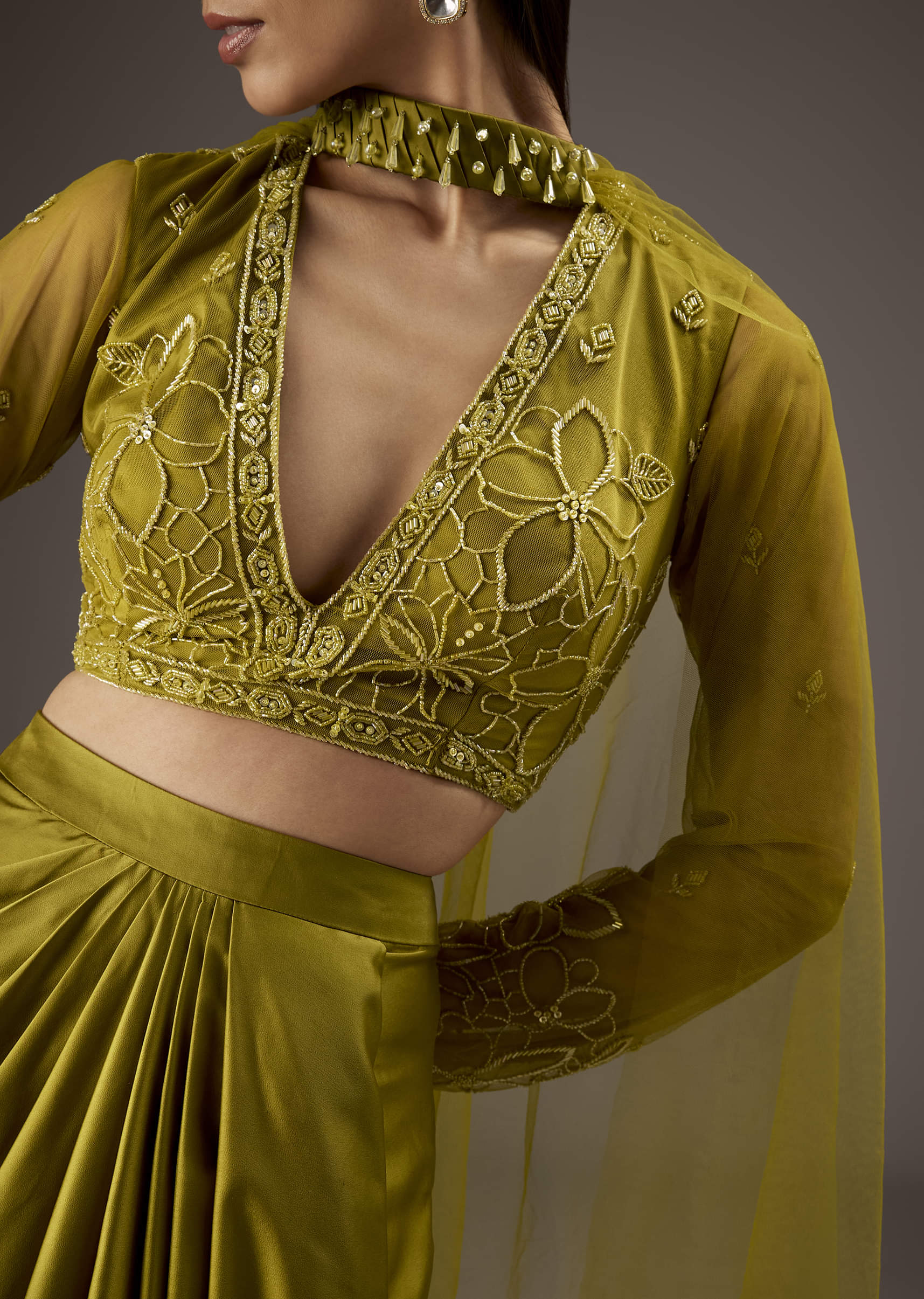 Green Satin Crop Top Skirt With Heavy Embroidery - Image 3