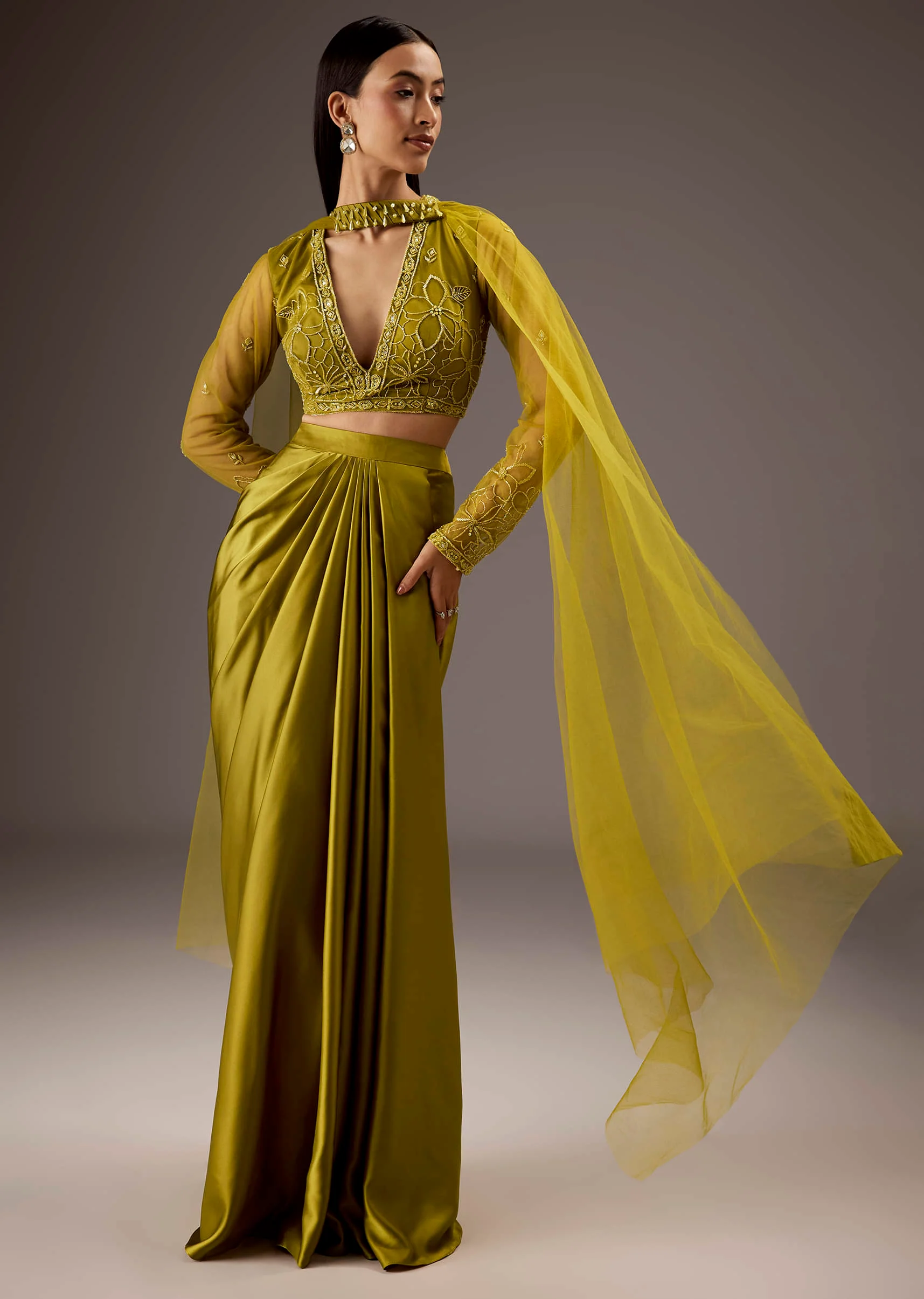Green Satin Crop Top Skirt With Heavy Embroidery - Image 4