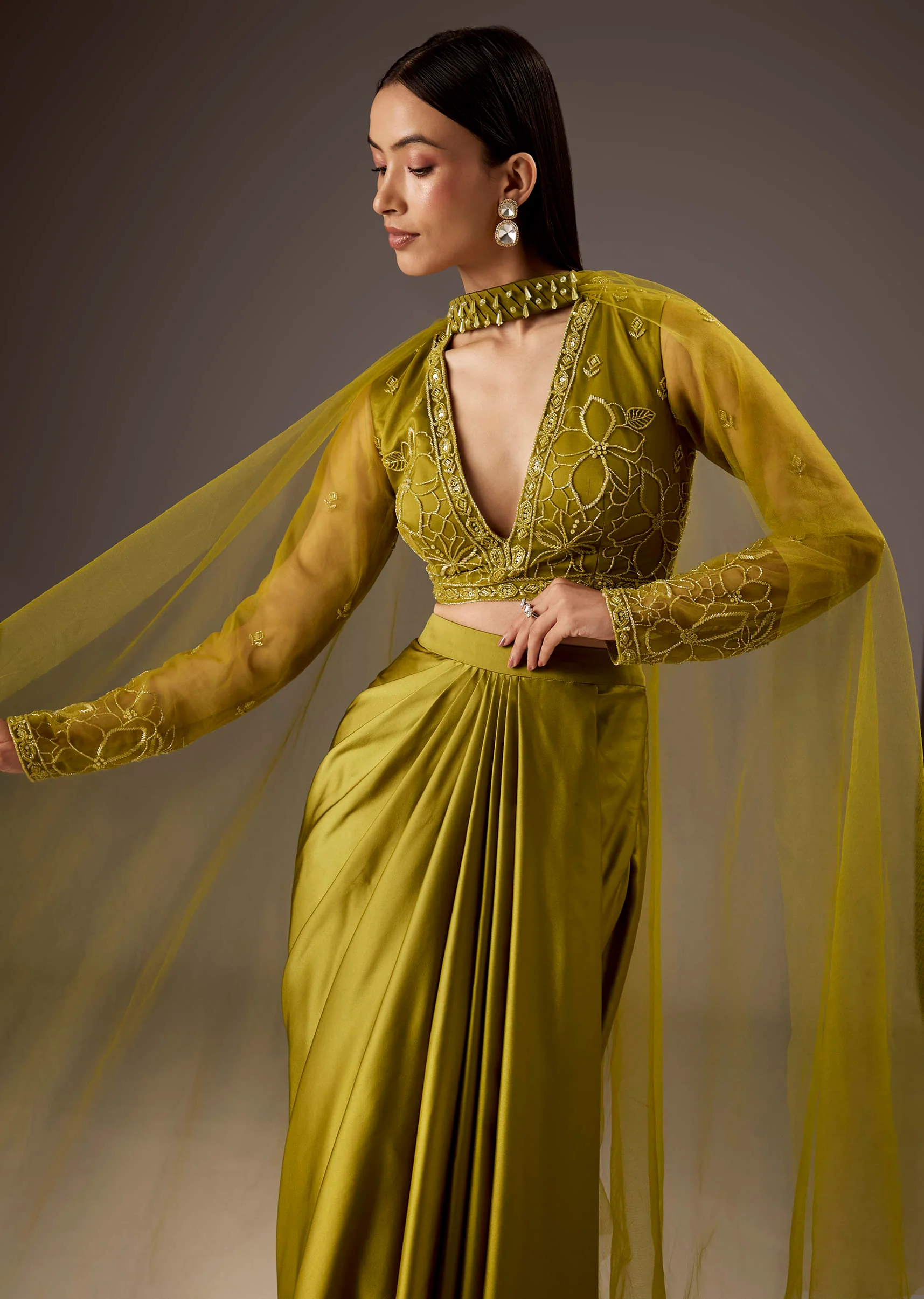 Green Satin Crop Top Skirt With Heavy Embroidery - Image 5
