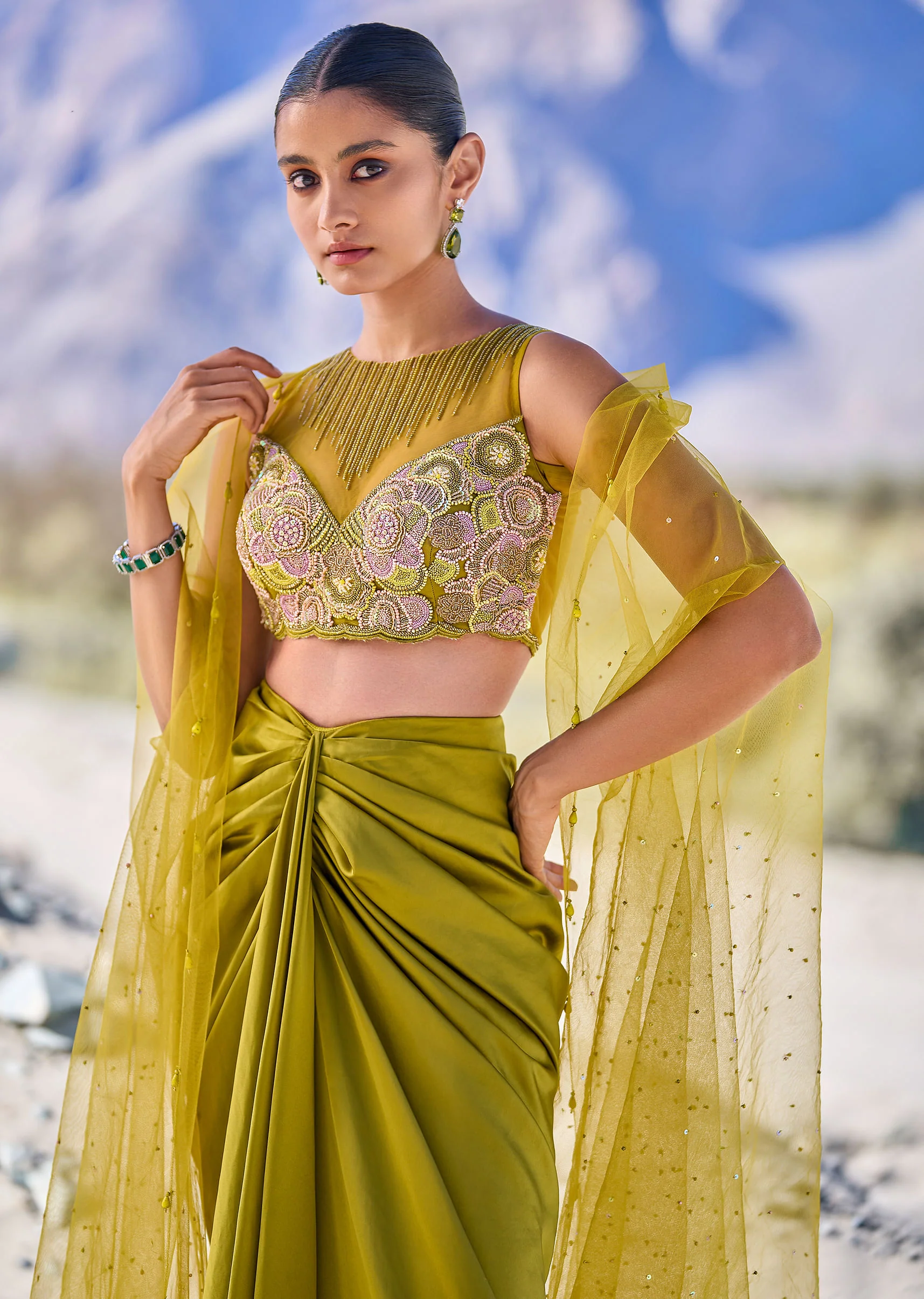 Green Satin Drape Skirt With Embroidered Blouse And Net Cape - Image 2