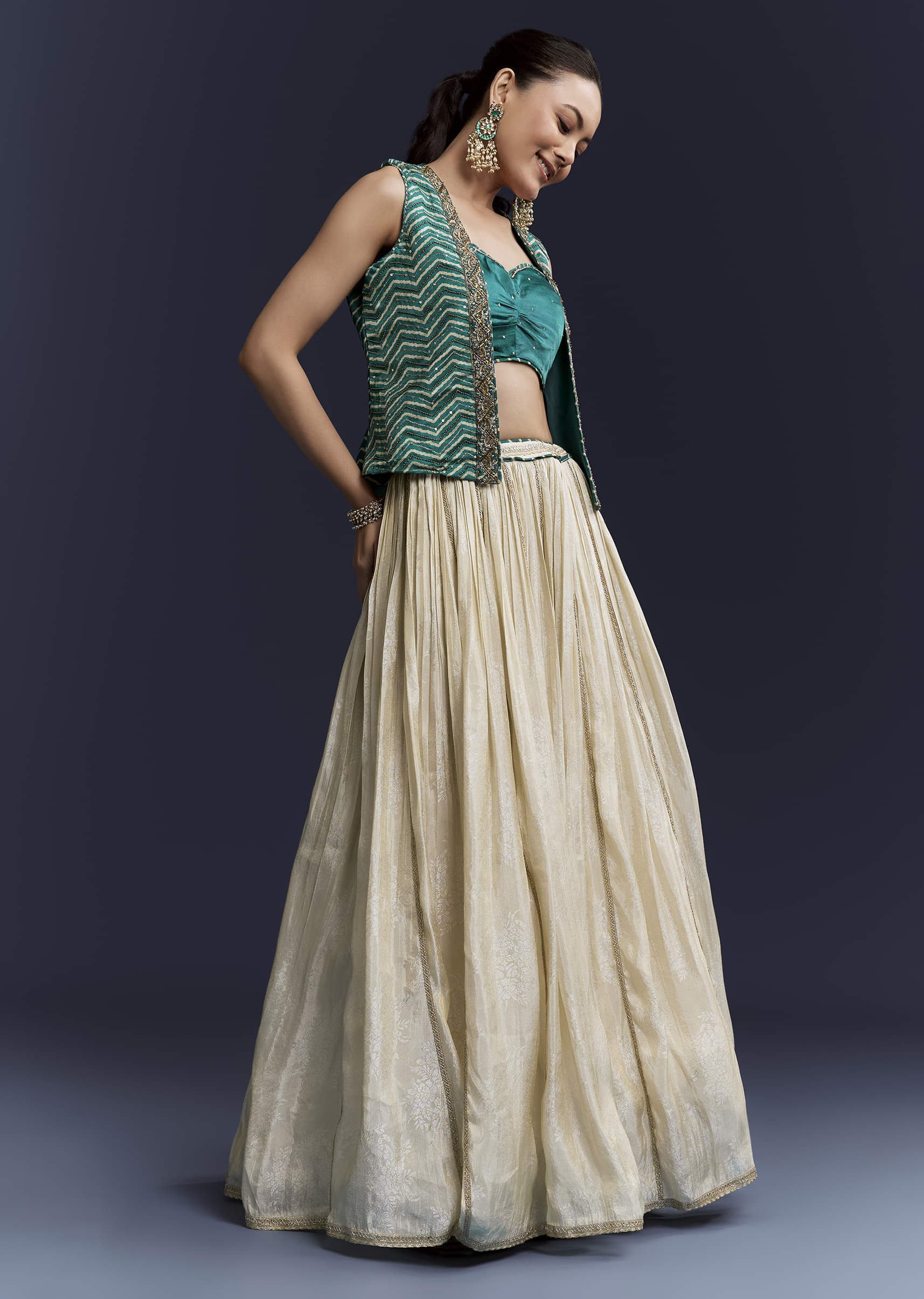 Green Satin Festive Lehenga With Hand Dyed Chevron Print Jacket - Image 4